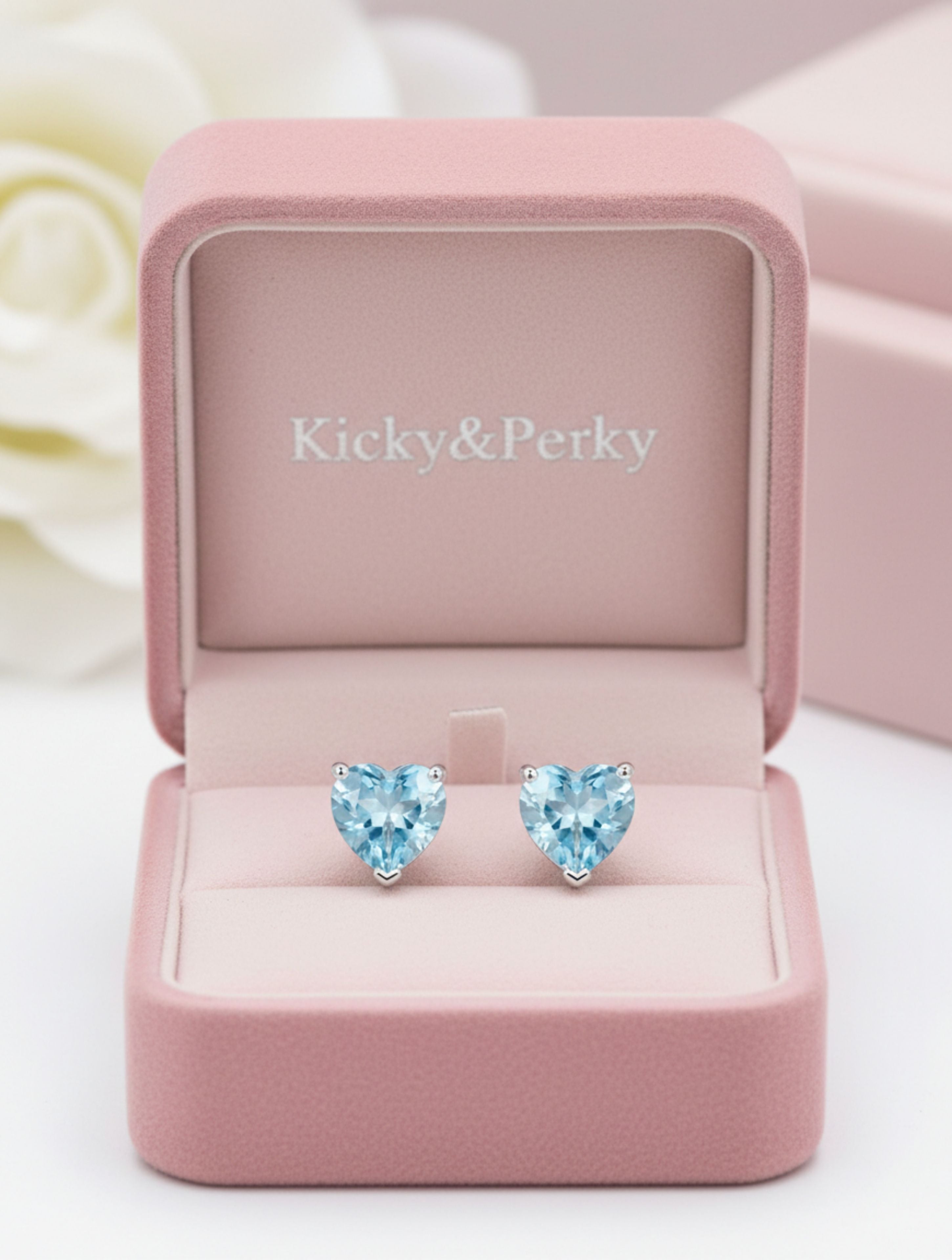 Natural Blue Topaz Stud Heart Shape Earrings in 925 Sterling Silver