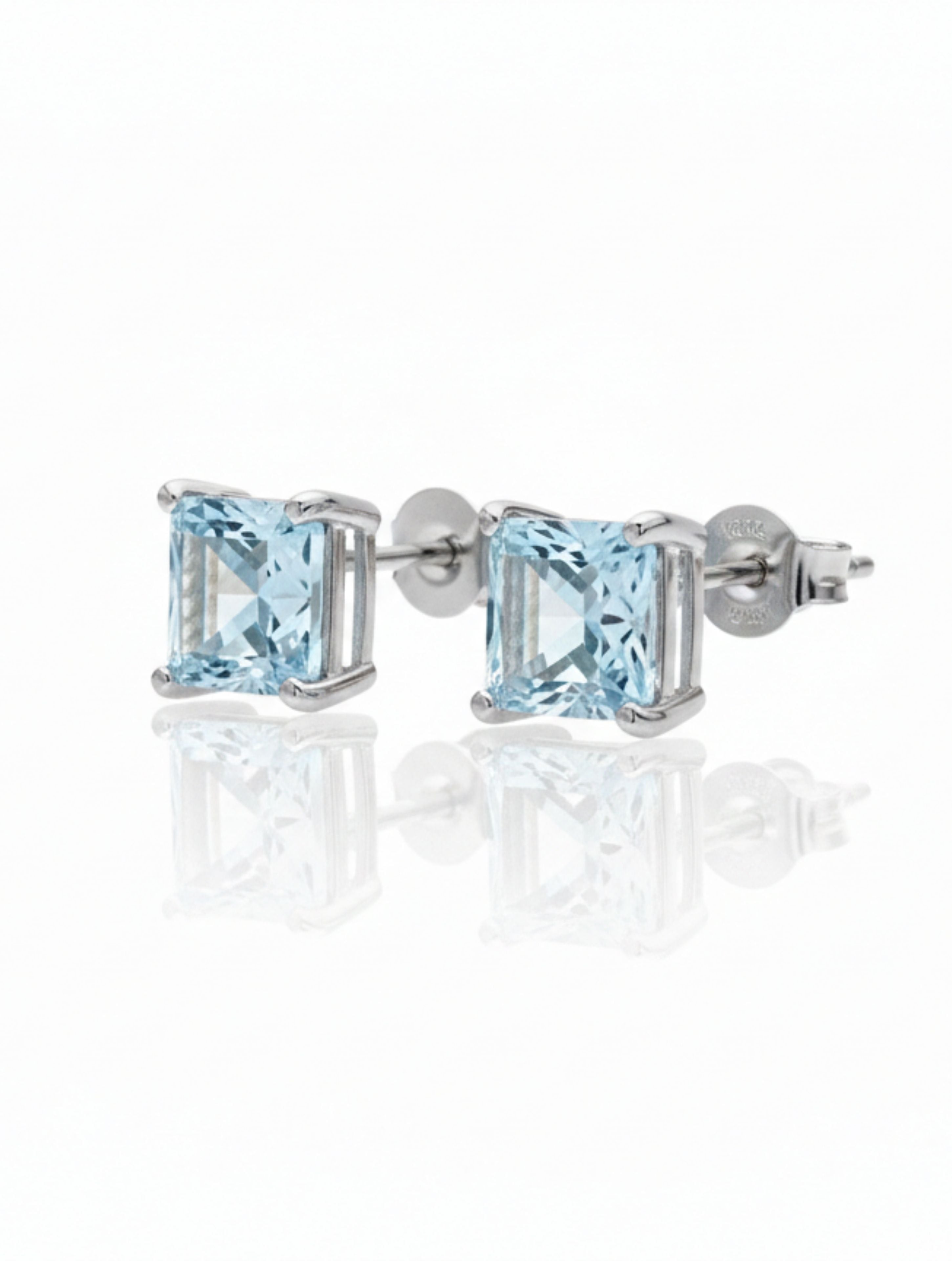 Princess-Cut Natural Aquamarine Stud Earrings in 925 Sterling Silver