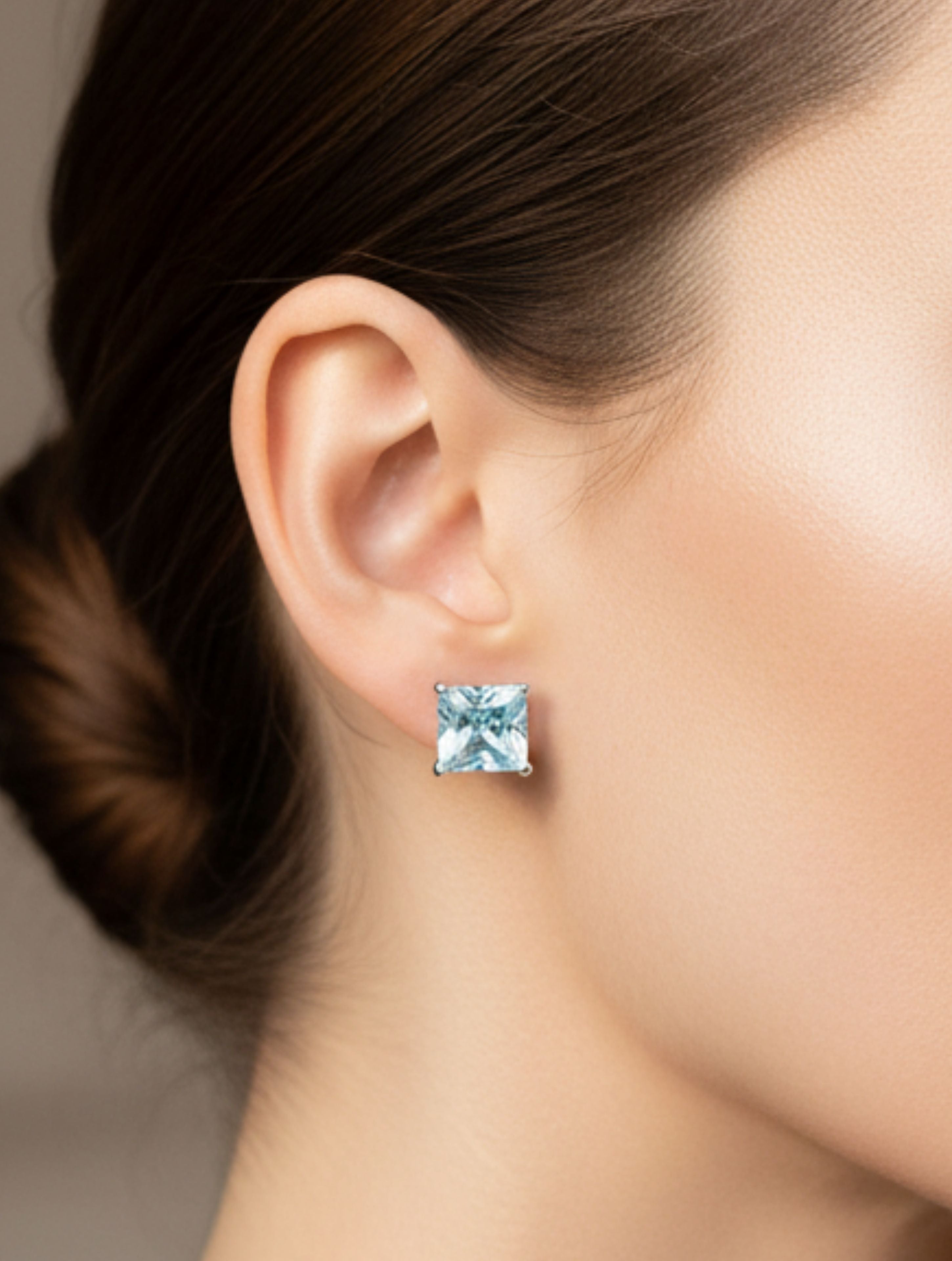 Princess-Cut Natural Aquamarine Stud Earrings in 925 Sterling Silver