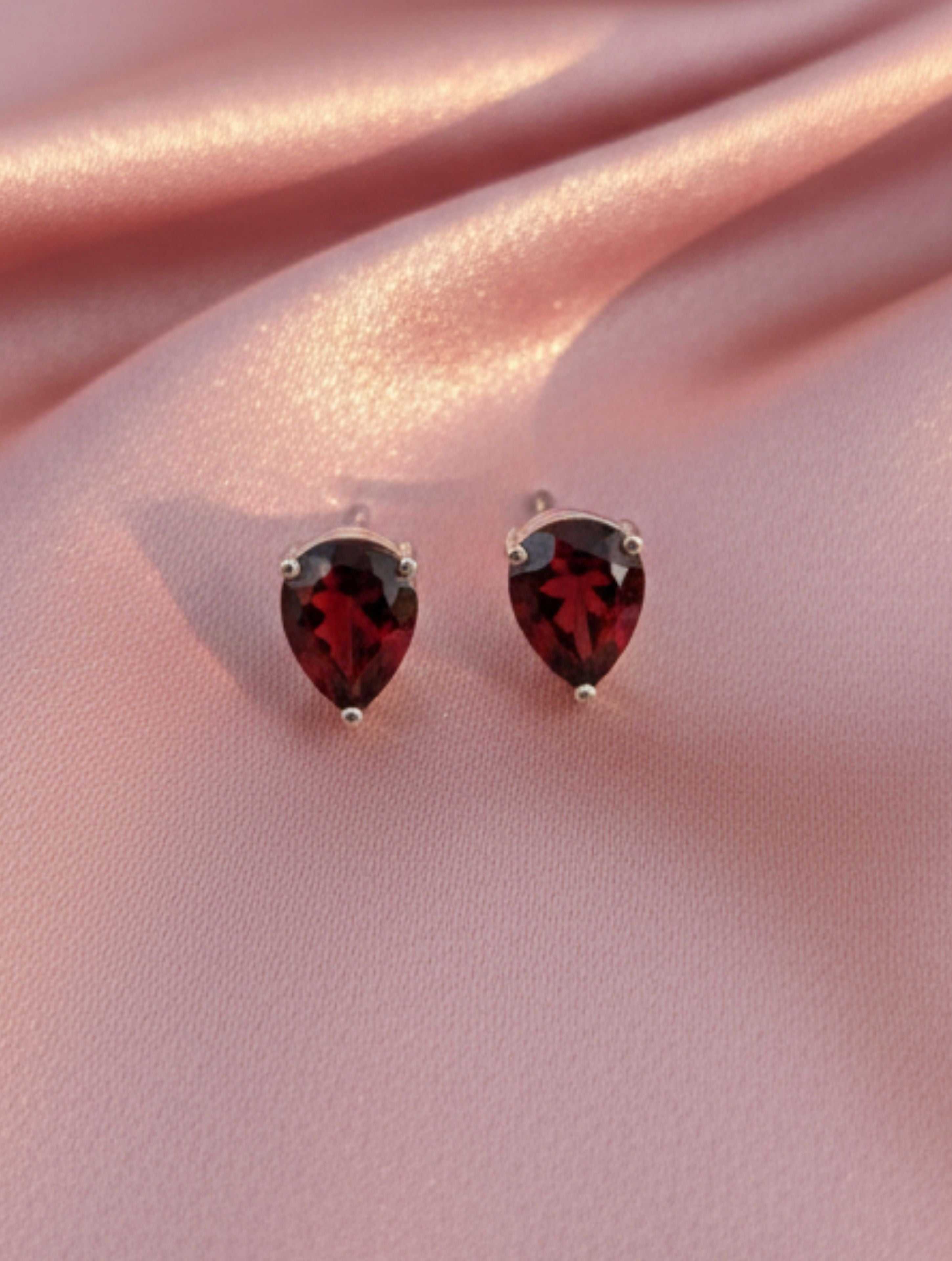 Natural Red Garnet Stud Earrings in 925 Sterling Silver | Pear-Cut Solitaire Drops