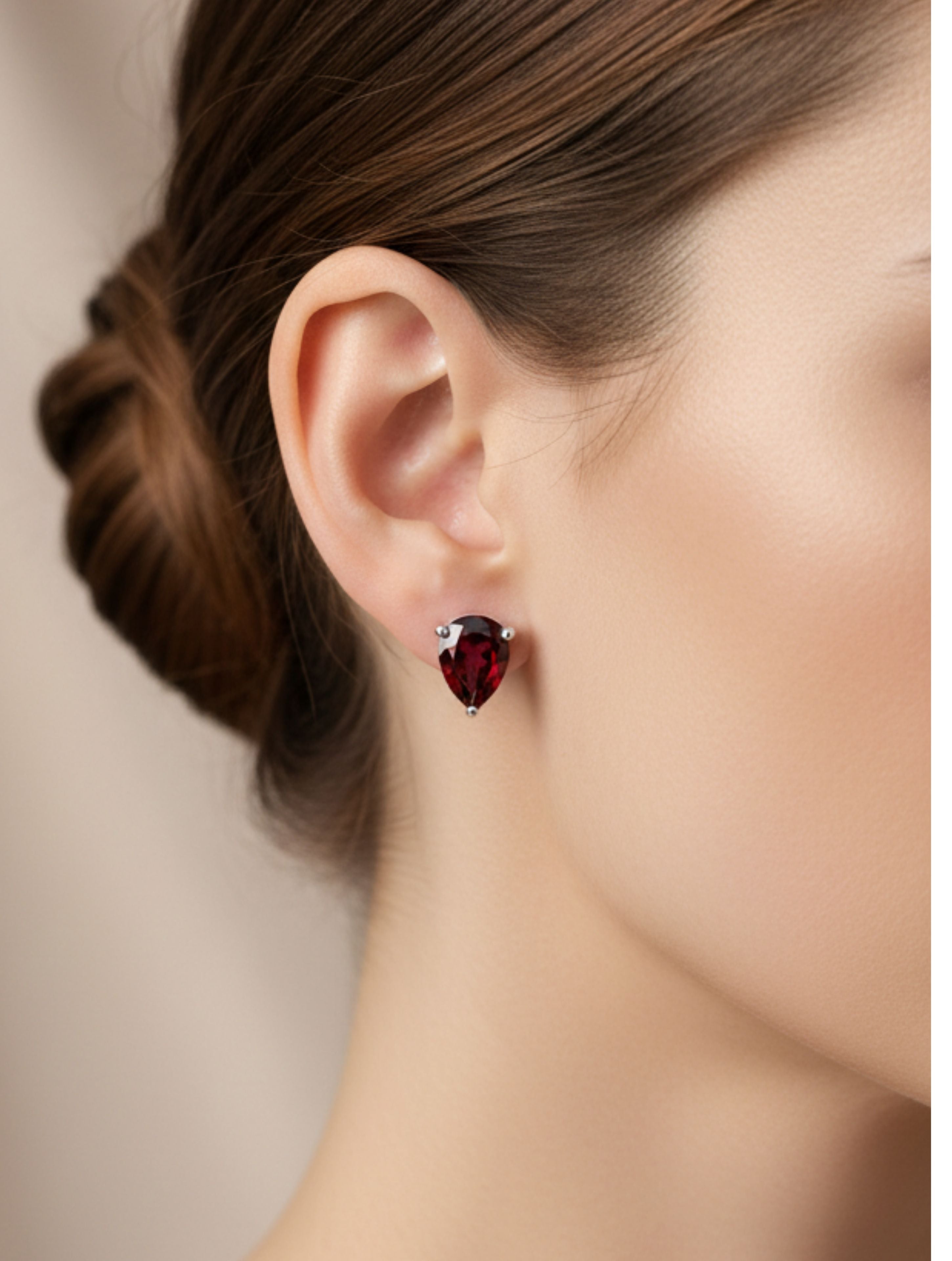 Natural Red Garnet Stud Earrings in 925 Sterling Silver | Pear-Cut Solitaire Drops