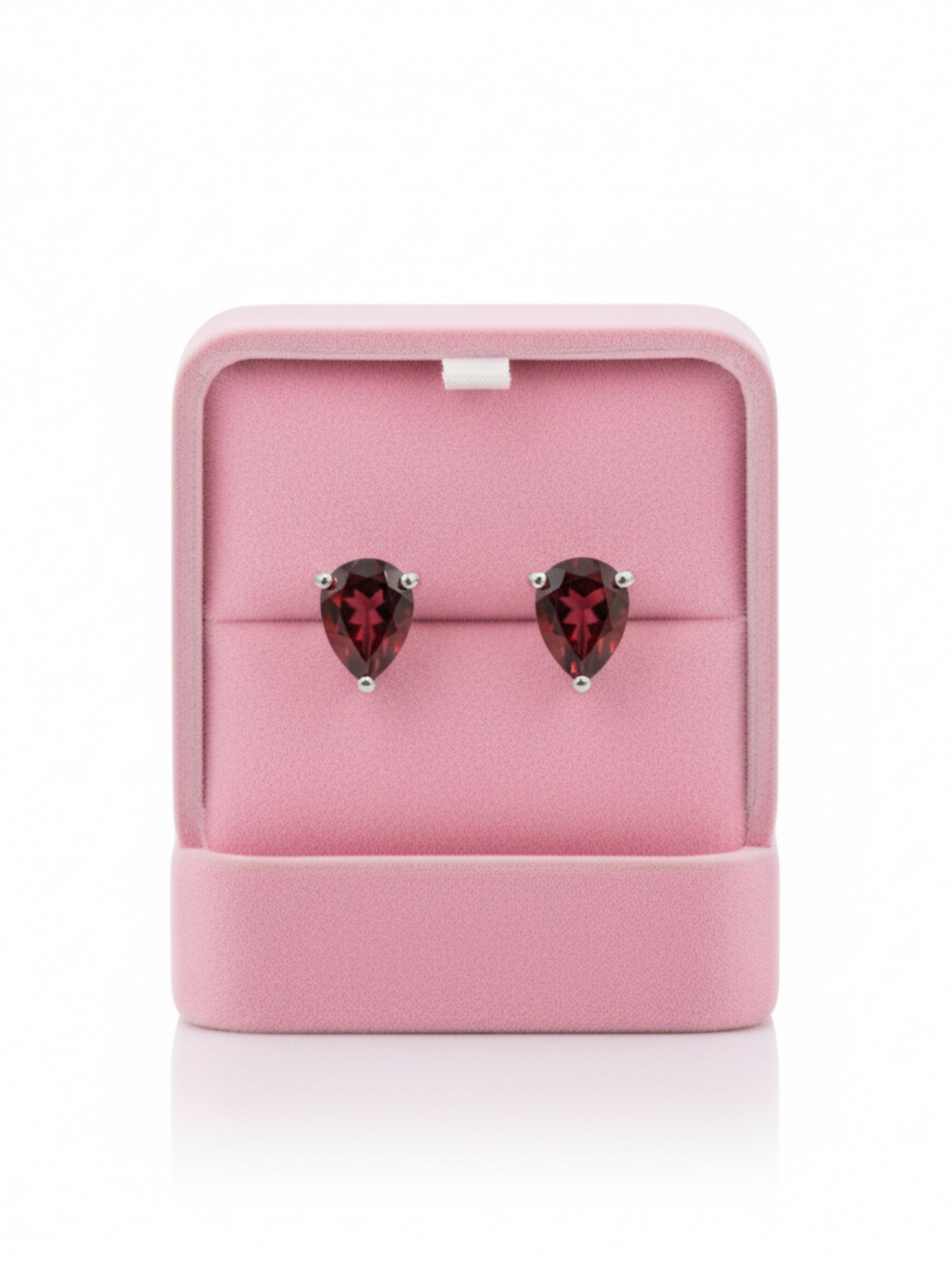 Natural Red Garnet Stud Earrings in 925 Sterling Silver | Pear-Cut Solitaire Drops