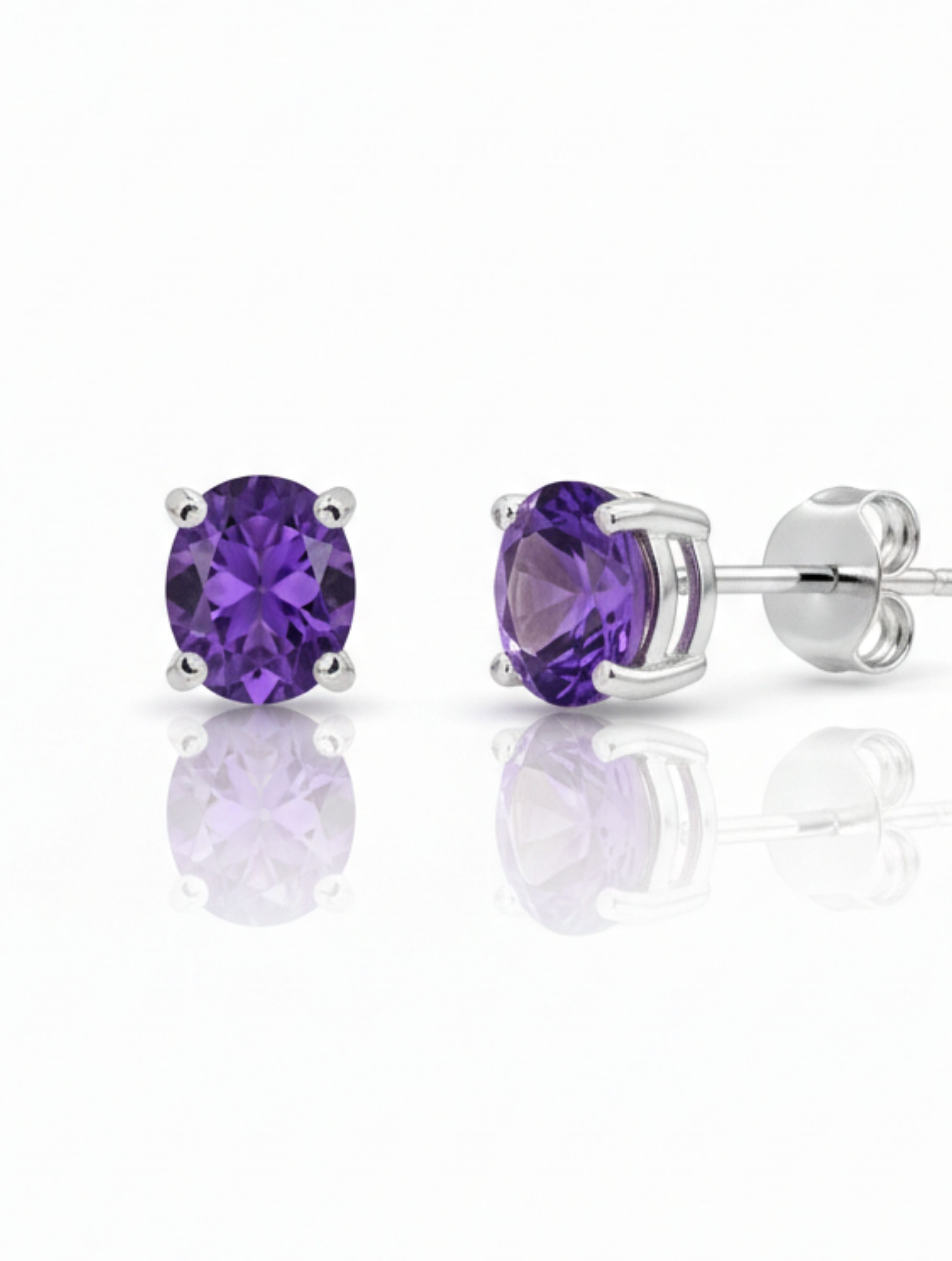Natural Purple Amethyst Stud Earrings in 925 Sterling Silver | Round Brilliant Cut Solitaire
