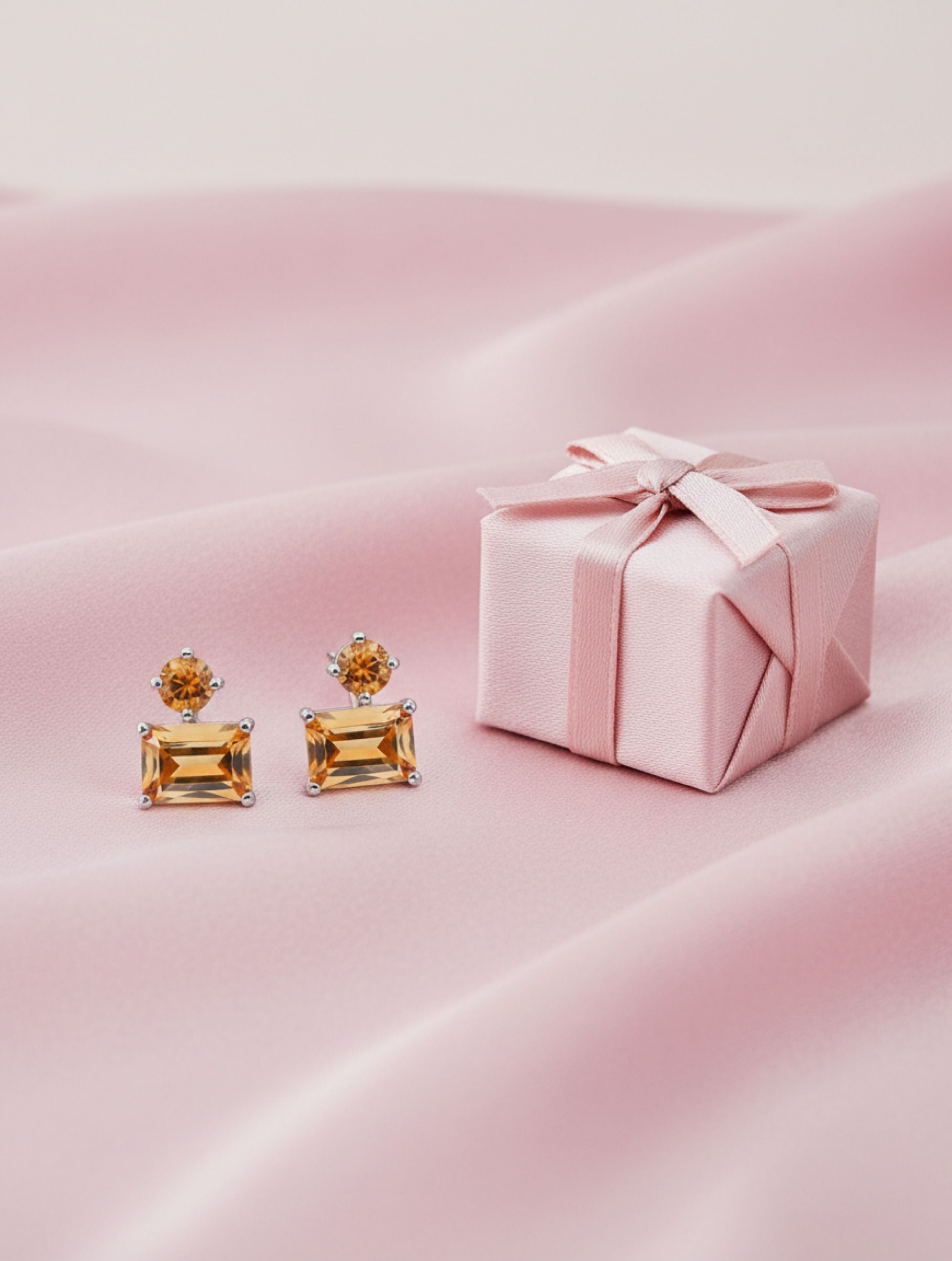 Natural Citrine Golden Emerald-Cut Studs in 925 Sterling Silver