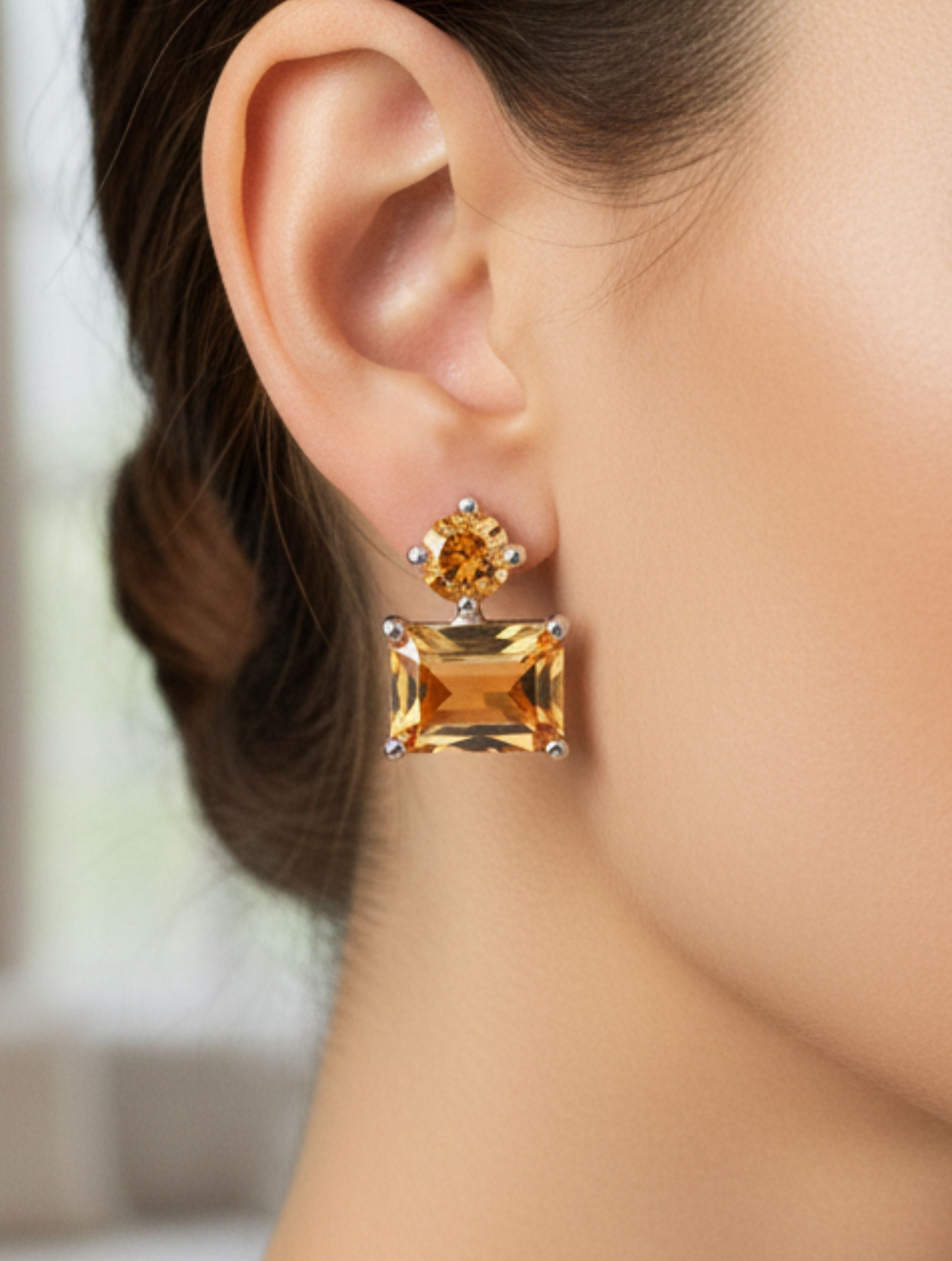 Natural Citrine Golden Emerald-Cut Studs in 925 Sterling Silver
