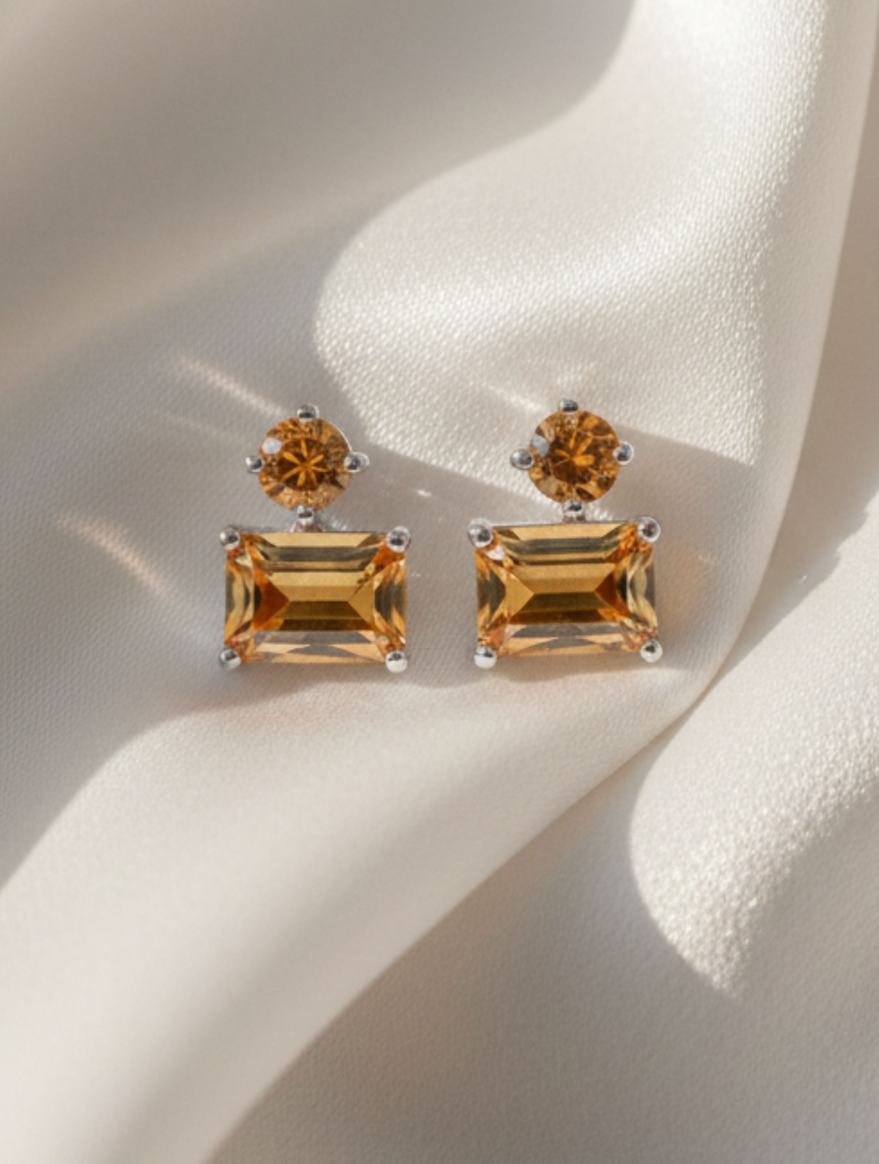 Natural Citrine Golden Emerald-Cut Studs in 925 Sterling Silver
