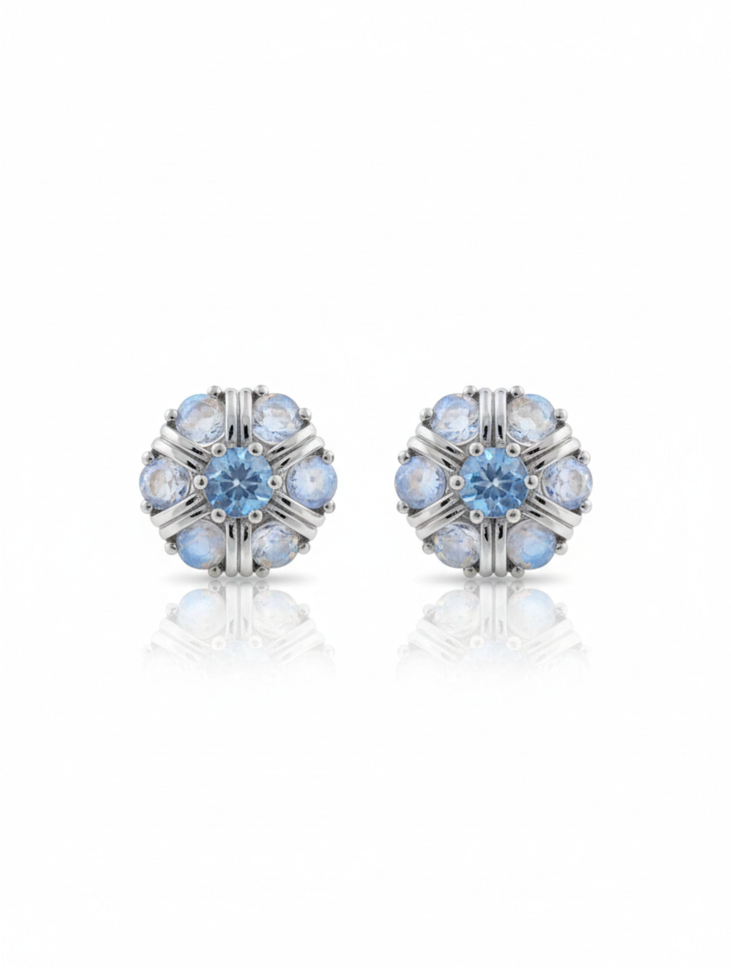 Moonstone & Blue Topaz Floral Studs in Sterling Silver