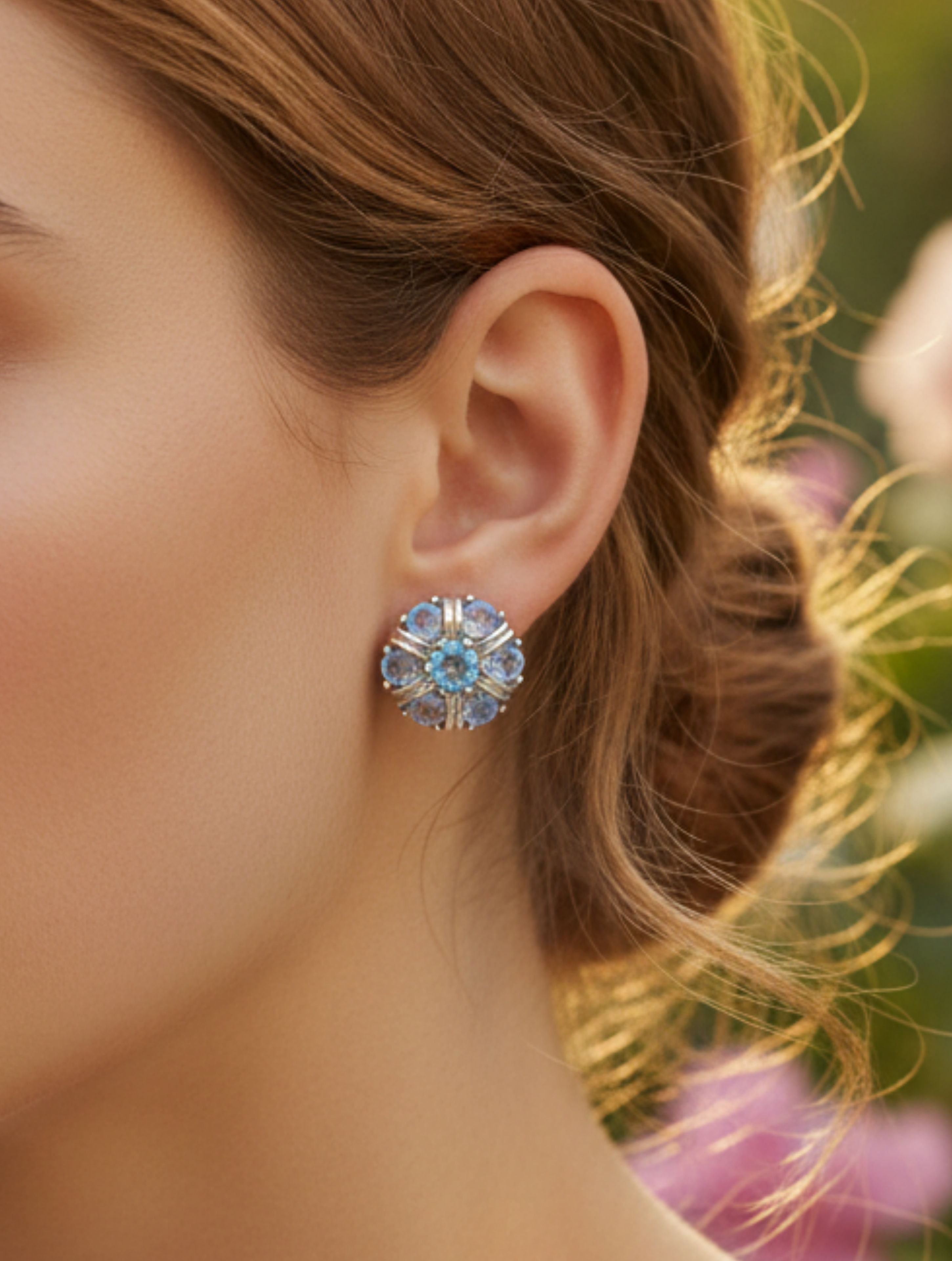 Moonstone & Blue Topaz Floral Studs in Sterling Silver