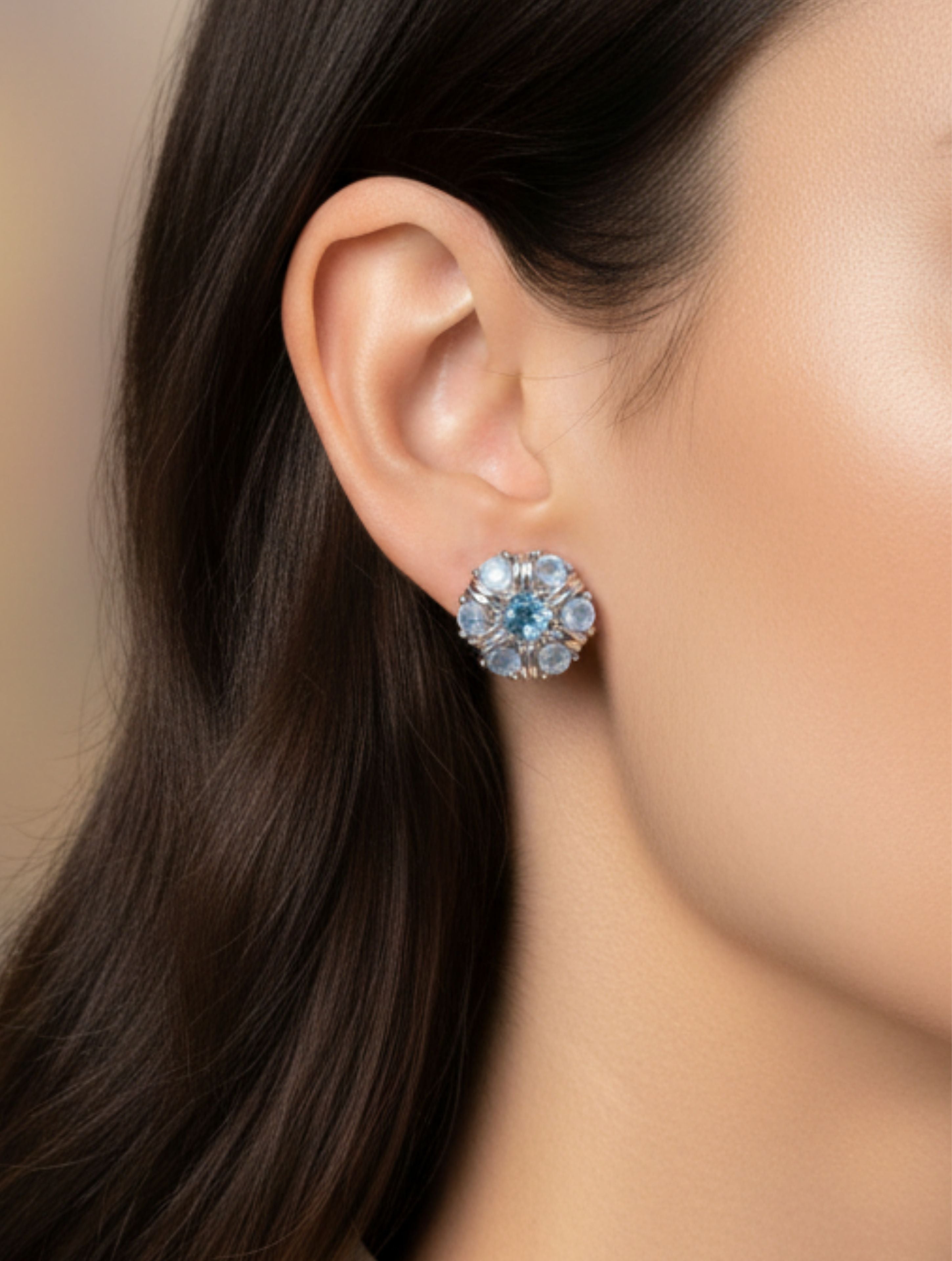 Moonstone & Blue Topaz Floral Studs in Sterling Silver