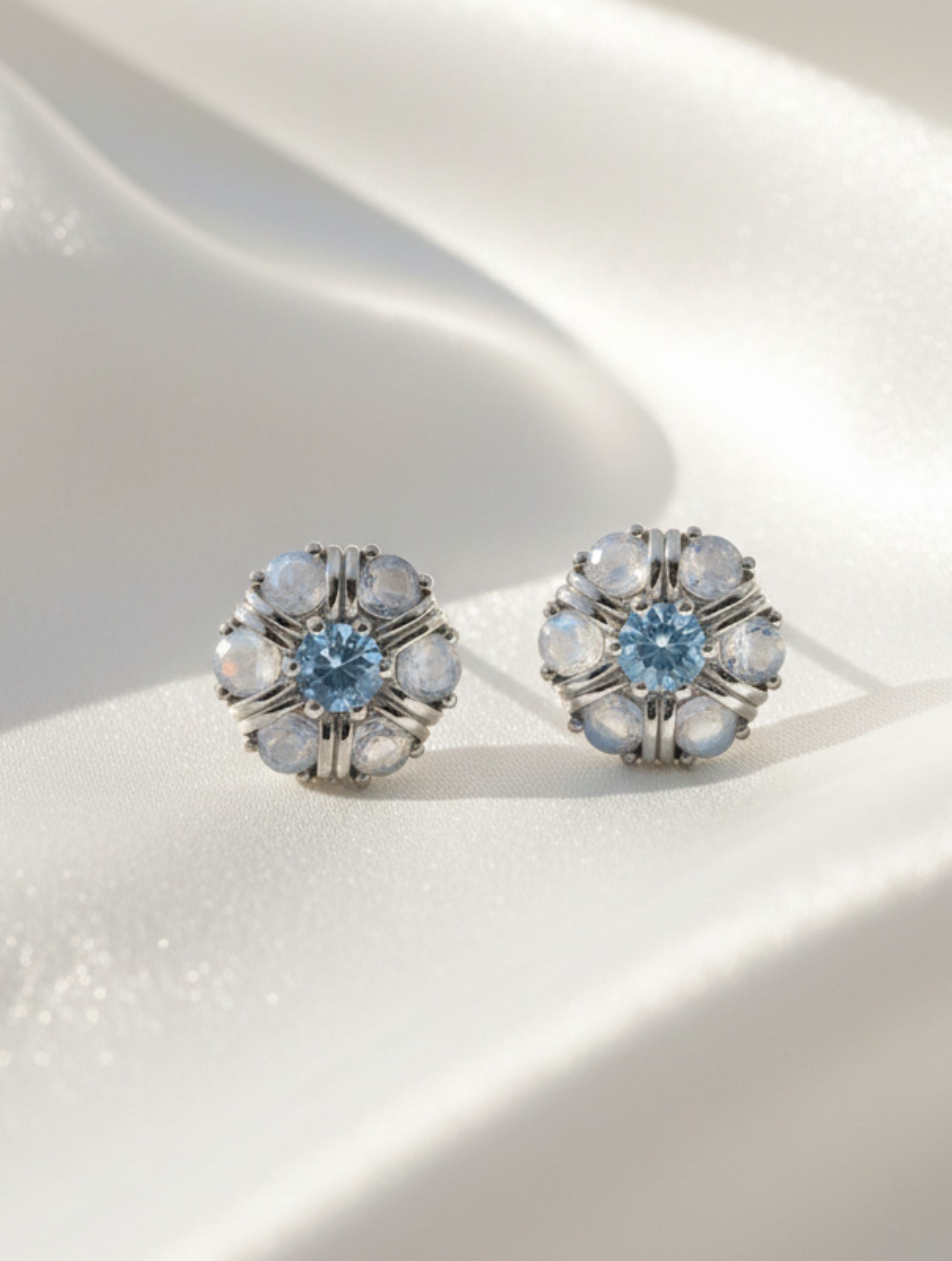 Moonstone & Blue Topaz Floral Studs in Sterling Silver