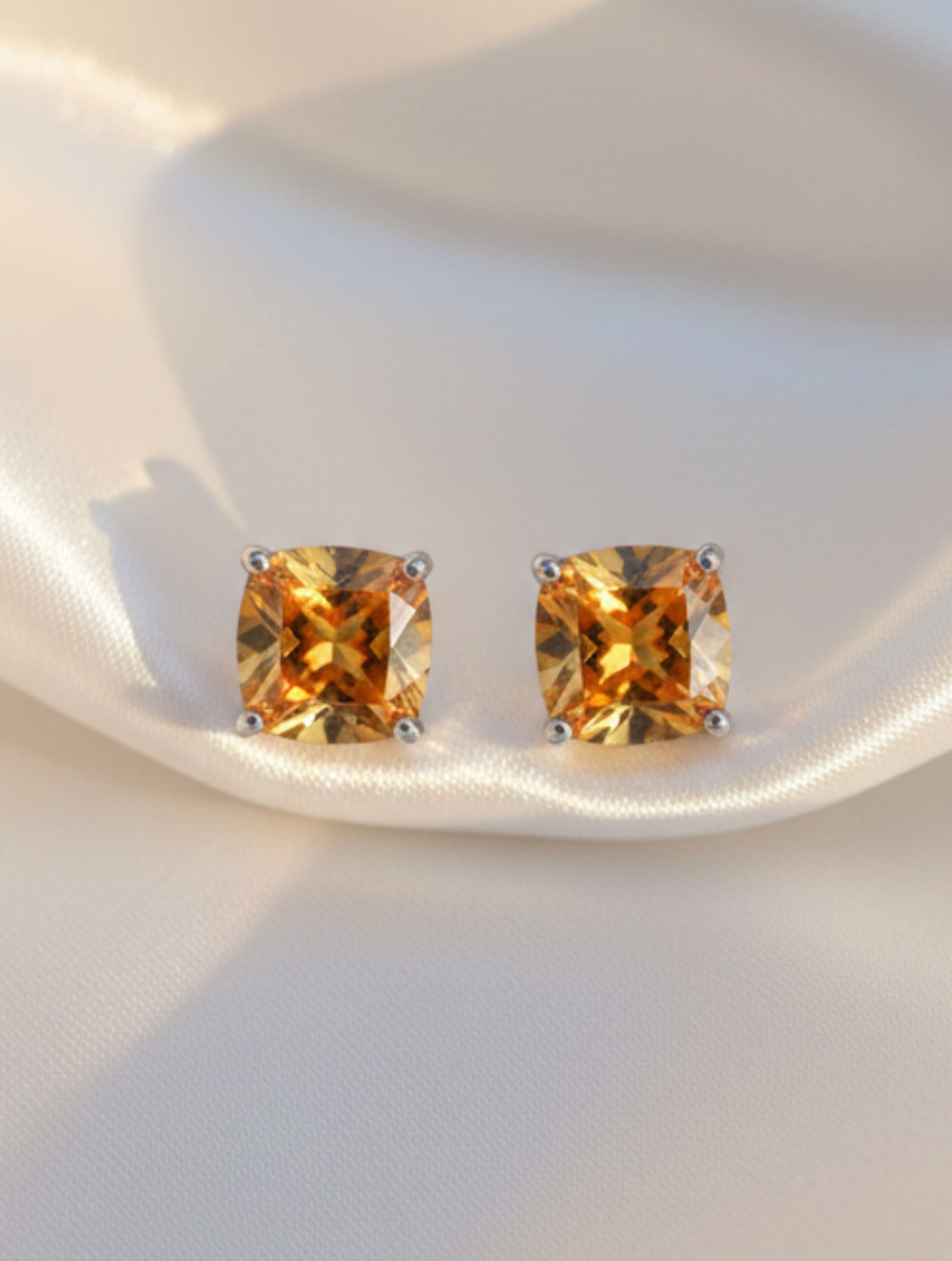 Cushion-Cut Natural Citrine Stud Earrings in 925 Sterling Silver