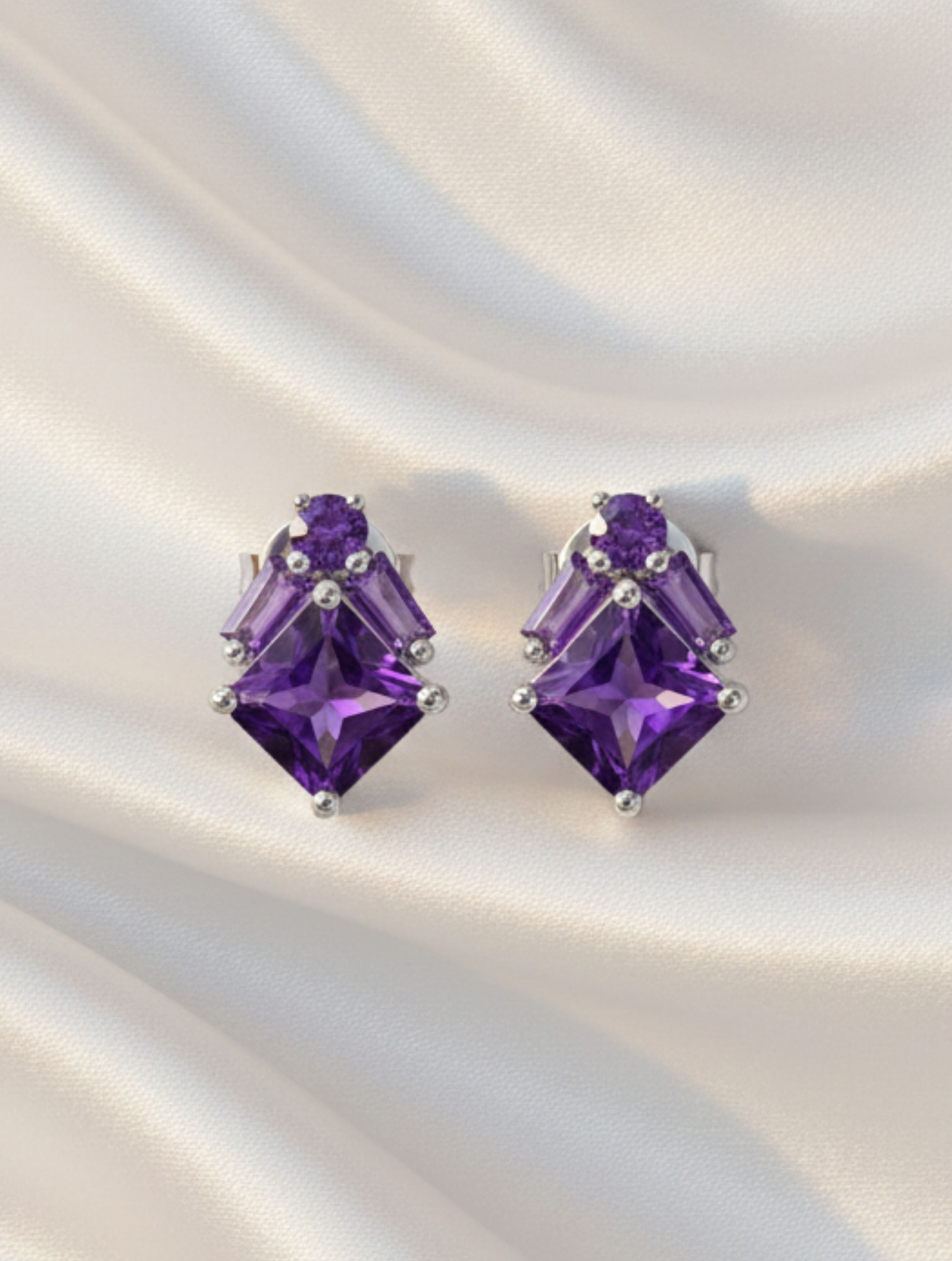 Natural Amethyst Geometric Stud Earrings in 925 Sterling Silver