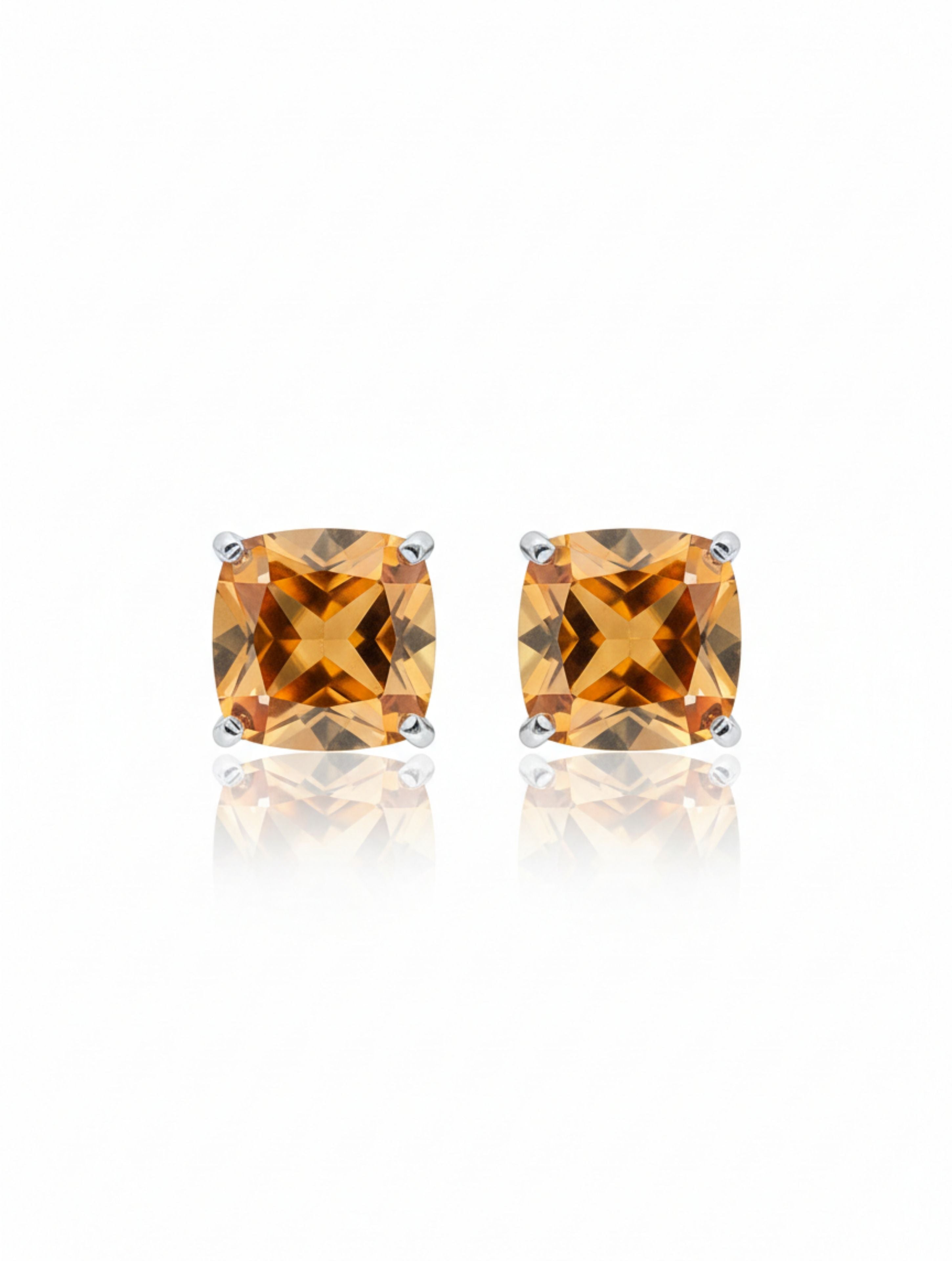 Cushion-Cut Natural Citrine Stud Earrings in 925 Sterling Silver