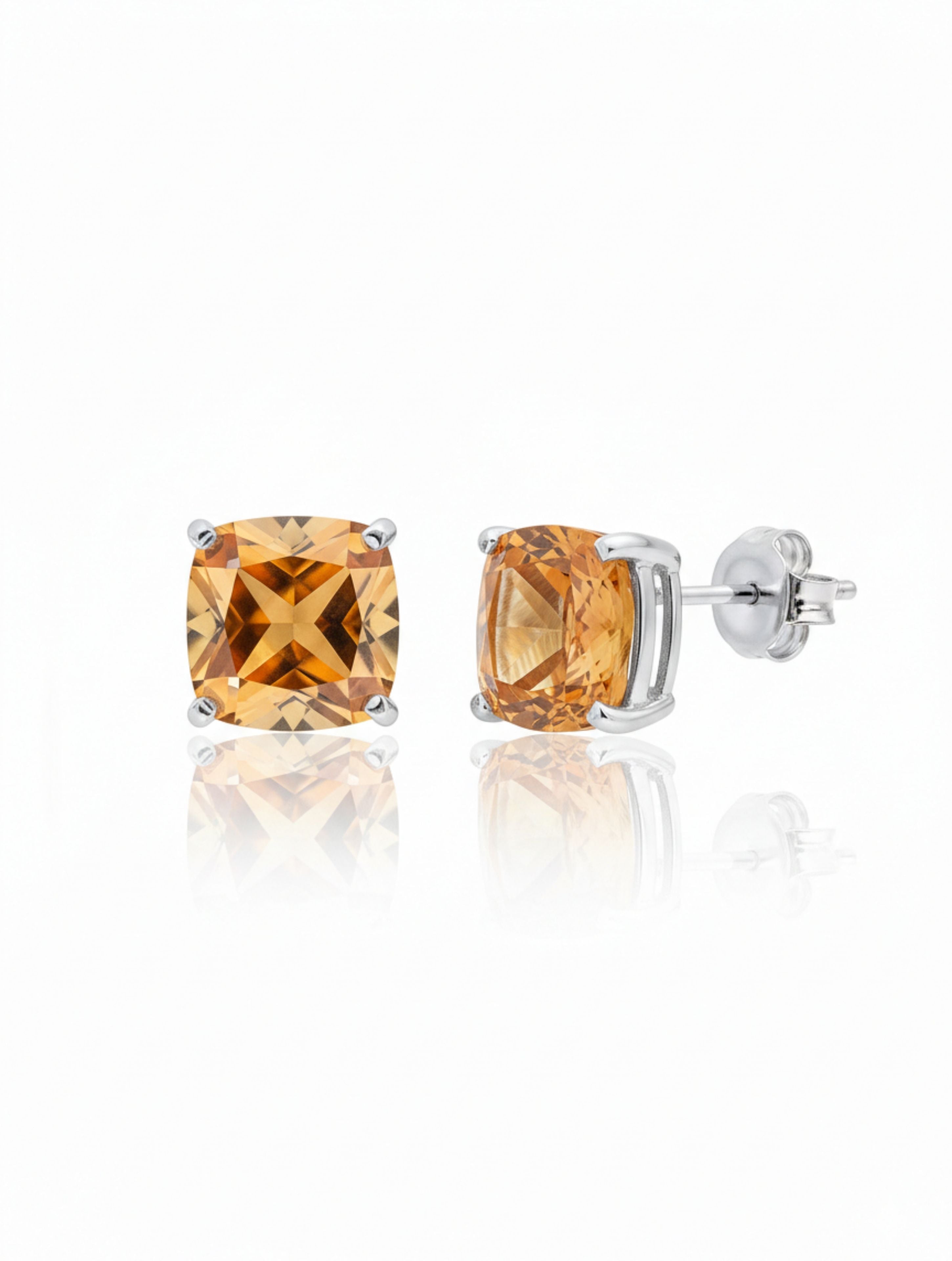 Cushion-Cut Natural Citrine Stud Earrings in 925 Sterling Silver