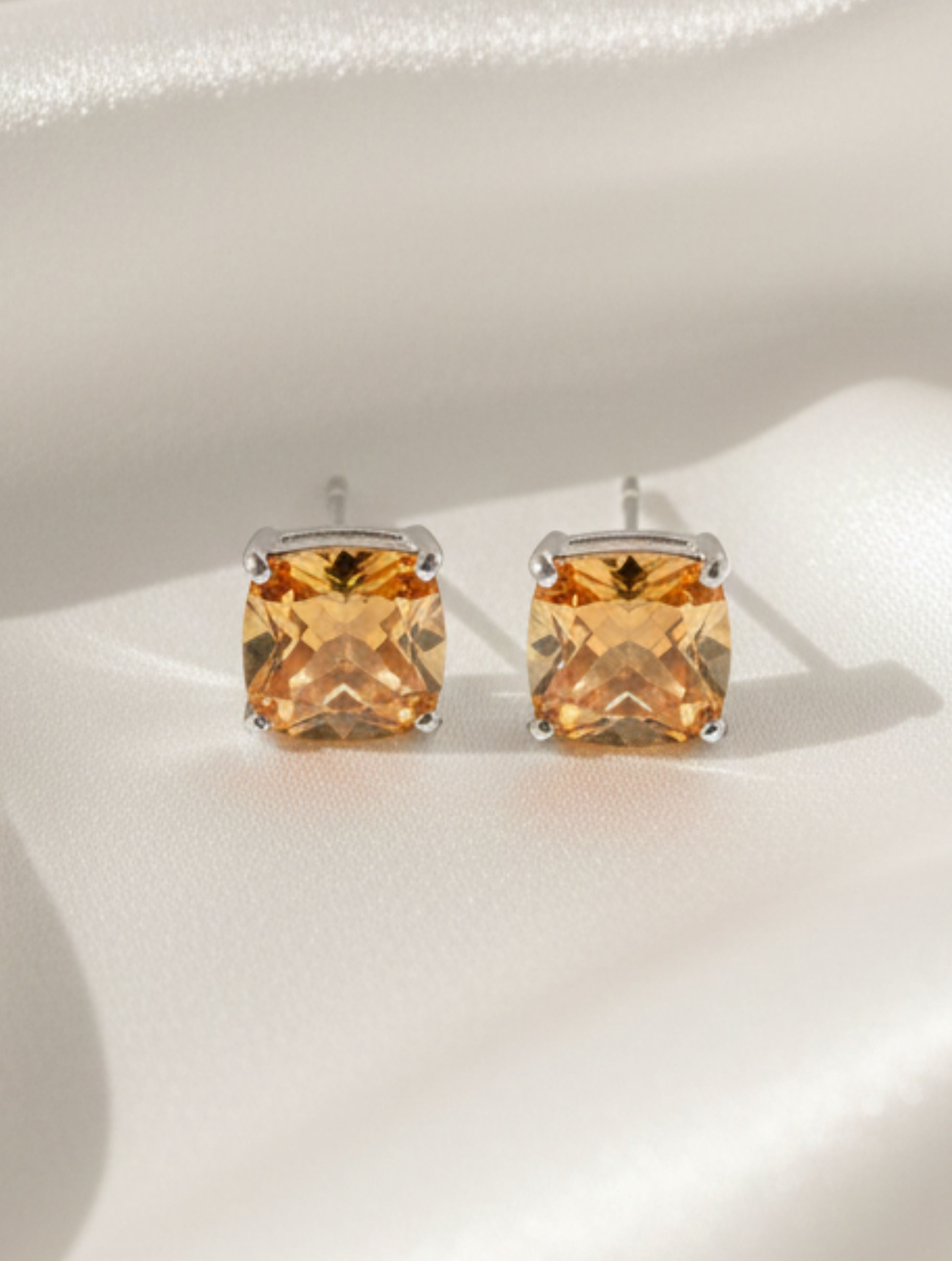 Cushion-Cut Natural Citrine Stud Earrings in 925 Sterling Silver