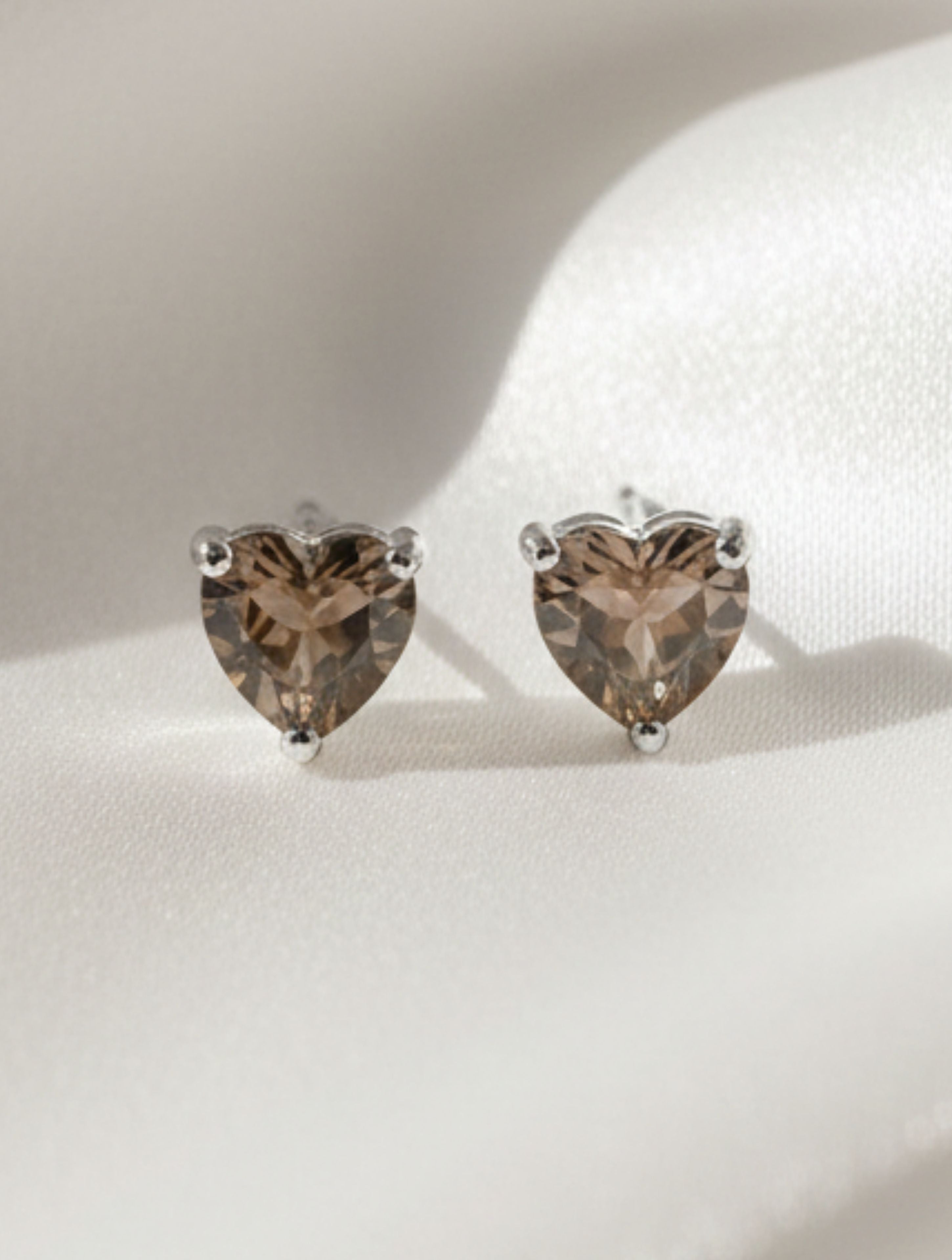 Heart-Cut Natural Smoky Quartz Stud Earrings in 925 Sterling Silver