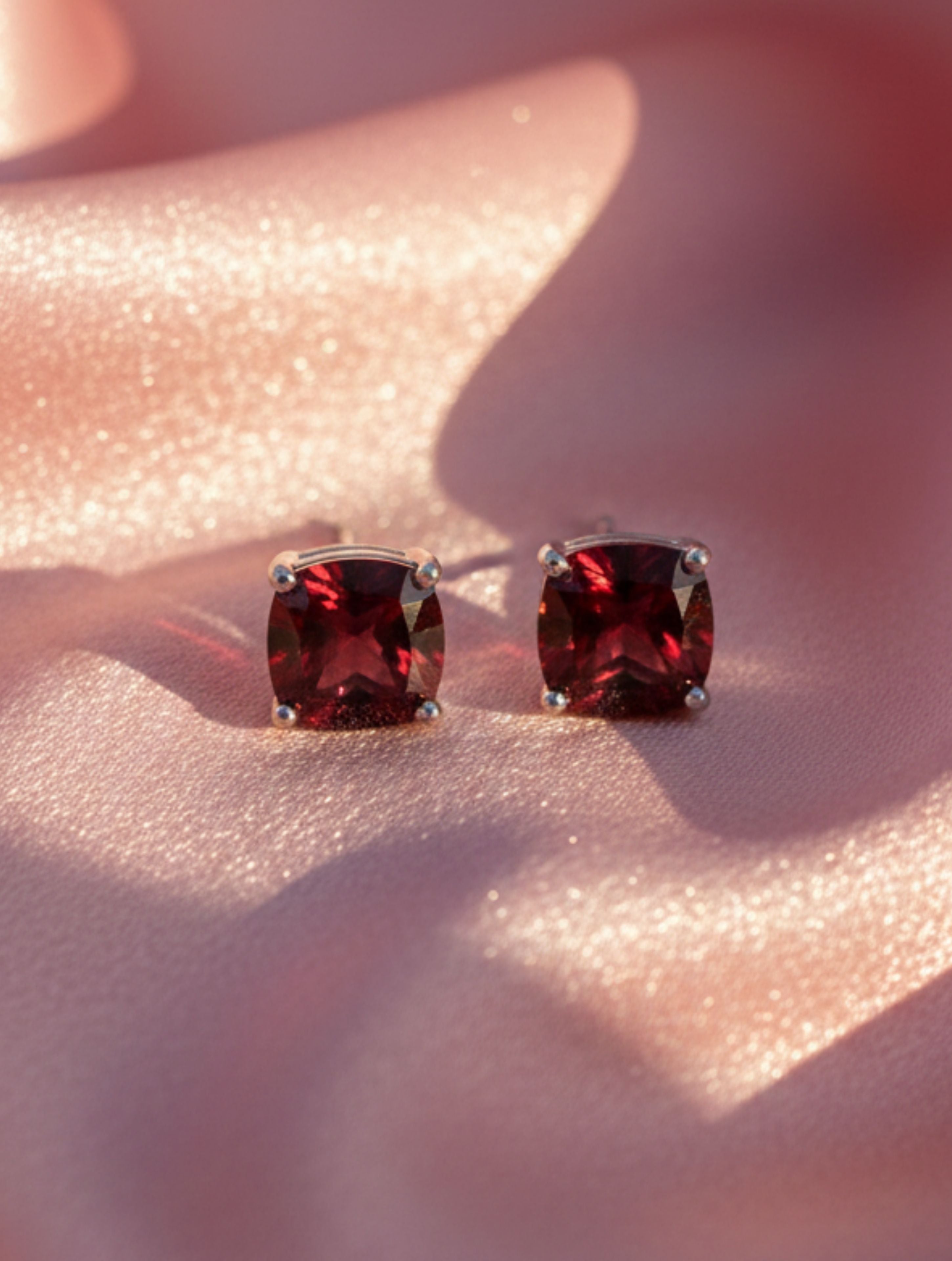 Cushion-Cut Natural Garnet Stud Earrings in 925 Sterling Silver