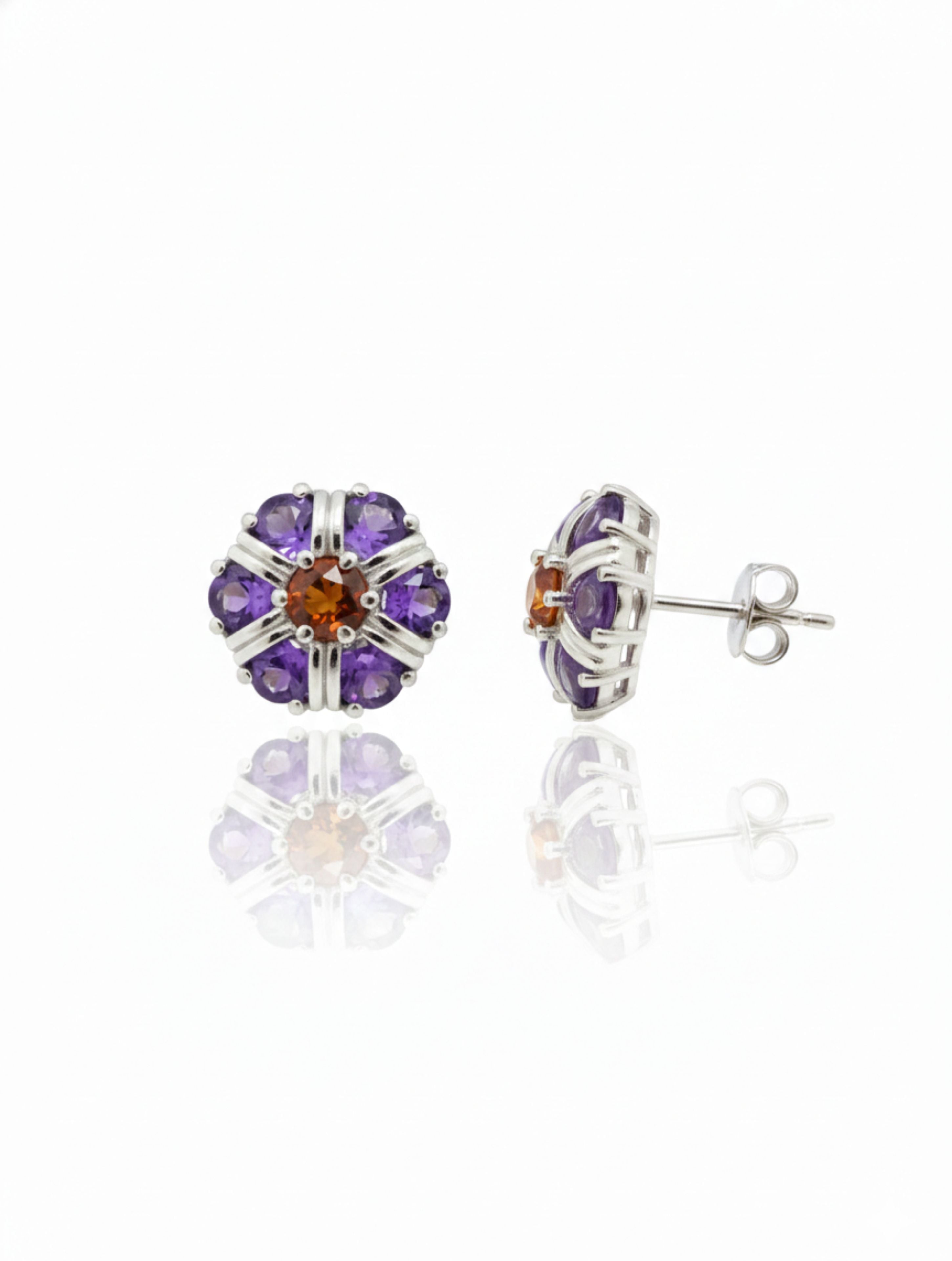 Amethyst and Citrine Studs Earrings 925 Sterling Silver For Women