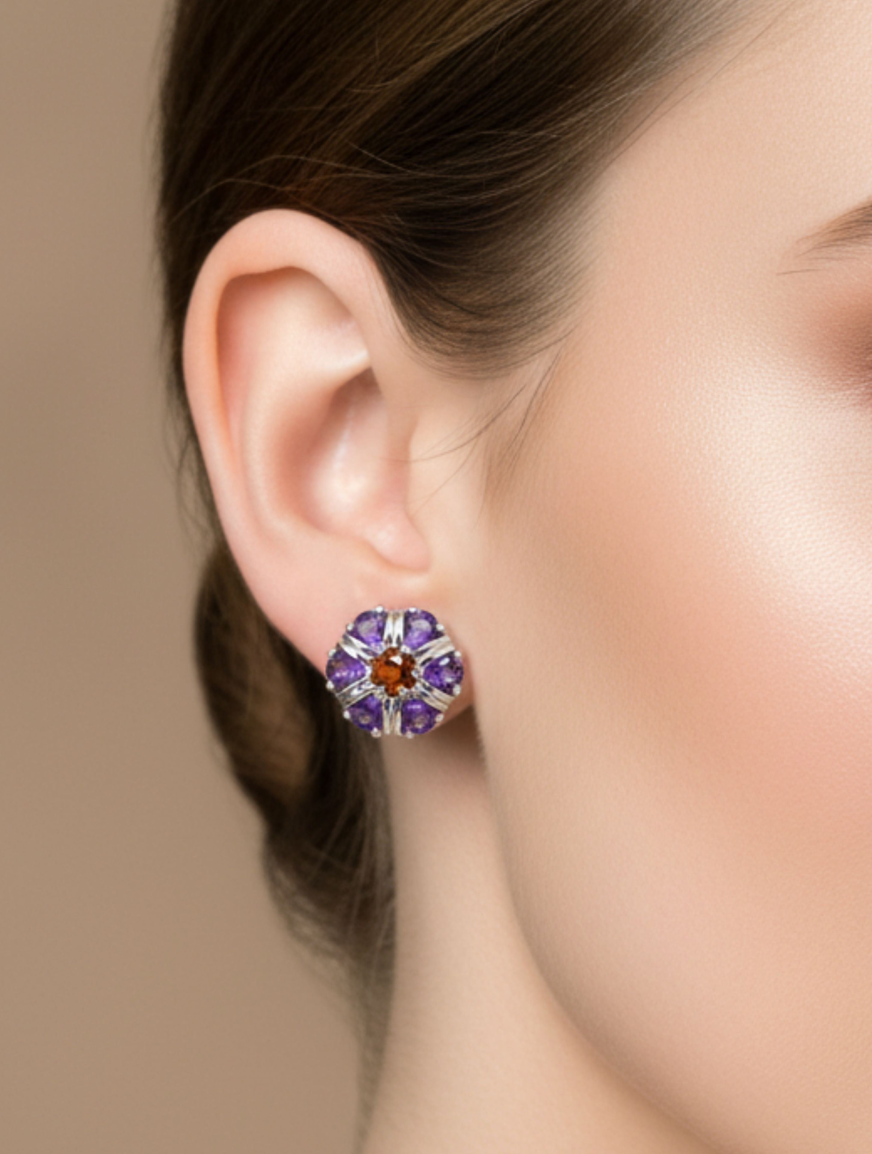 Amethyst and Citrine Studs Earrings 925 Sterling Silver For Women