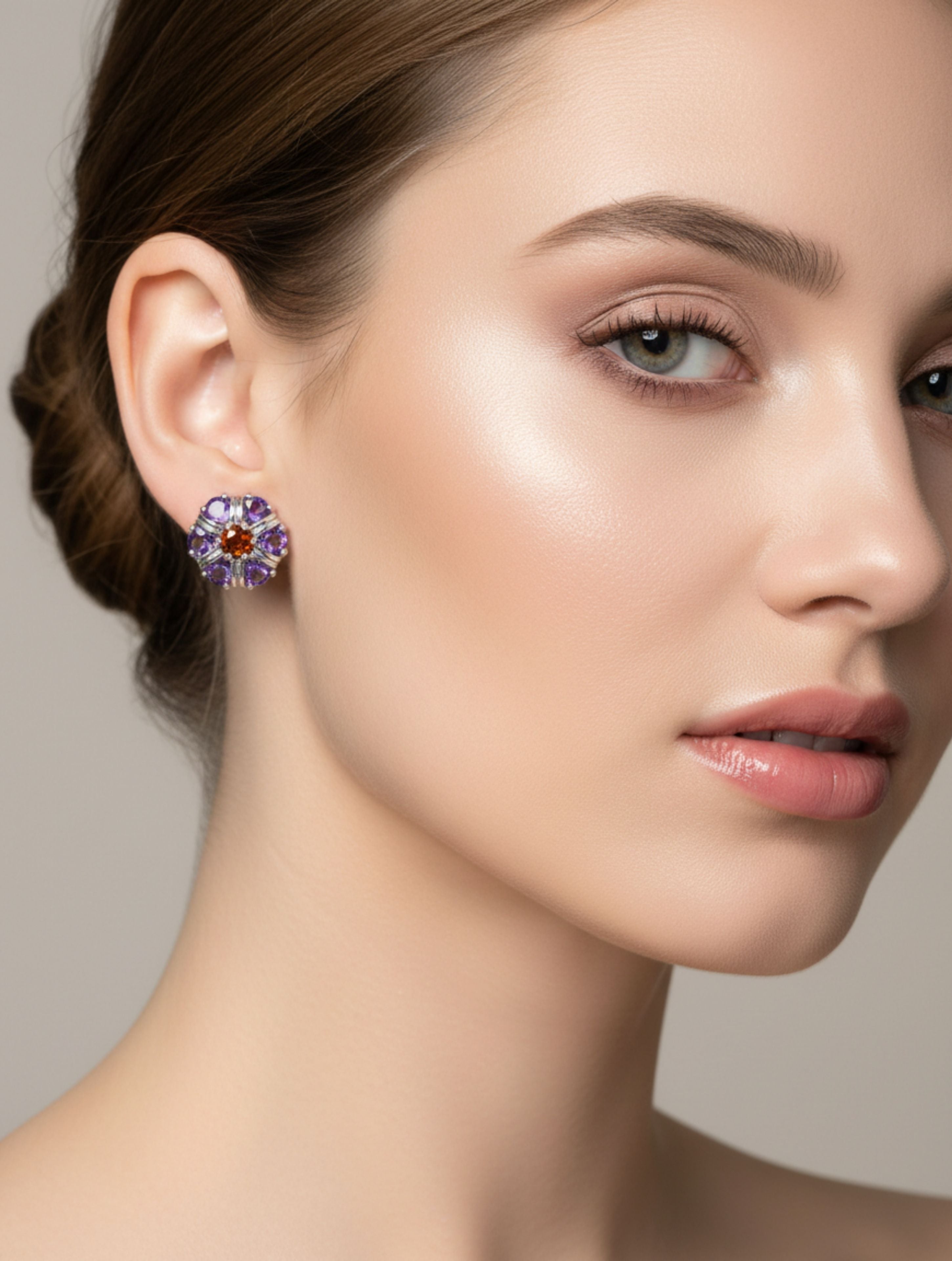 Amethyst and Citrine Studs Earrings 925 Sterling Silver For Women