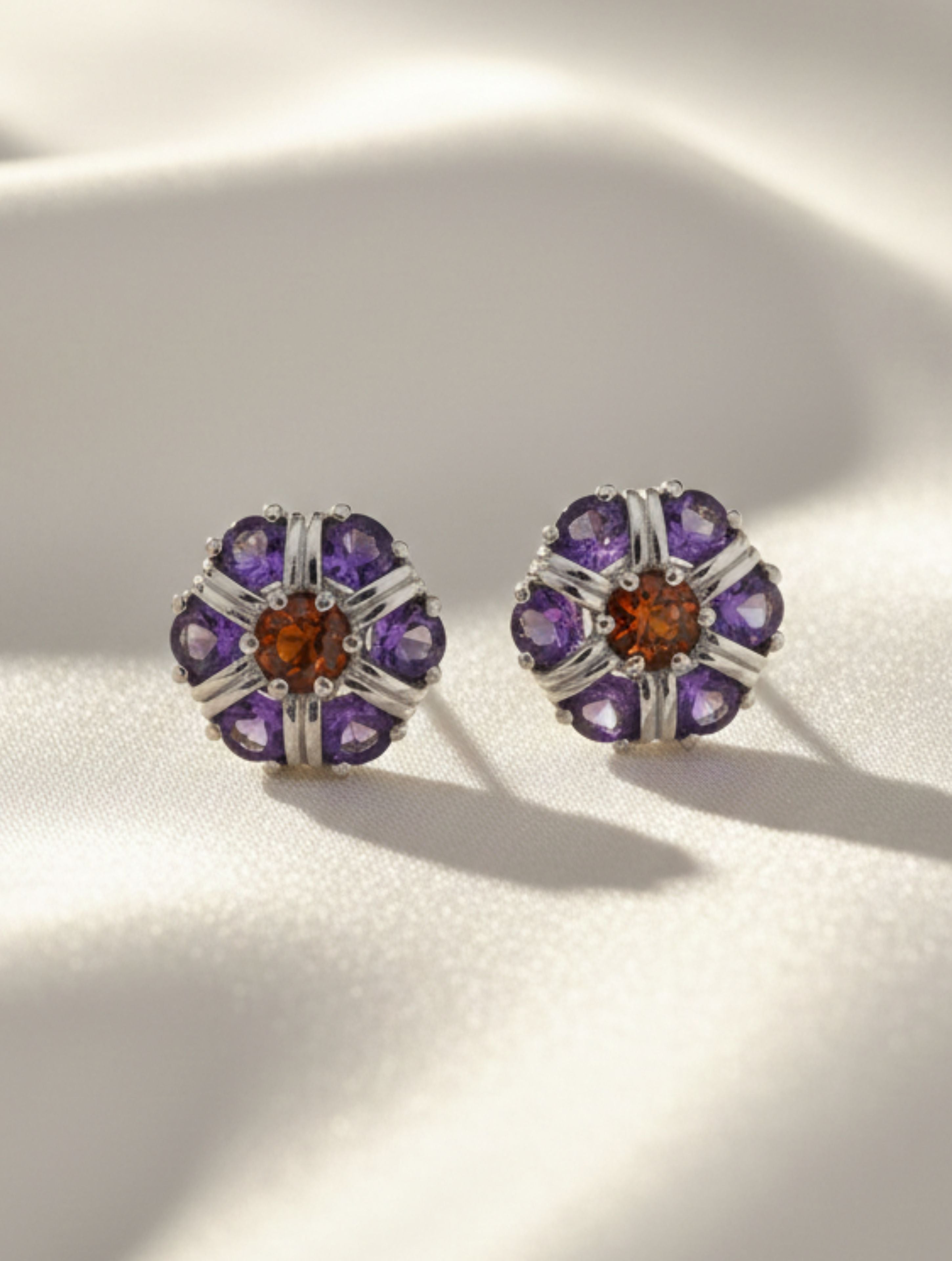 Amethyst and Citrine Studs Earrings 925 Sterling Silver For Women