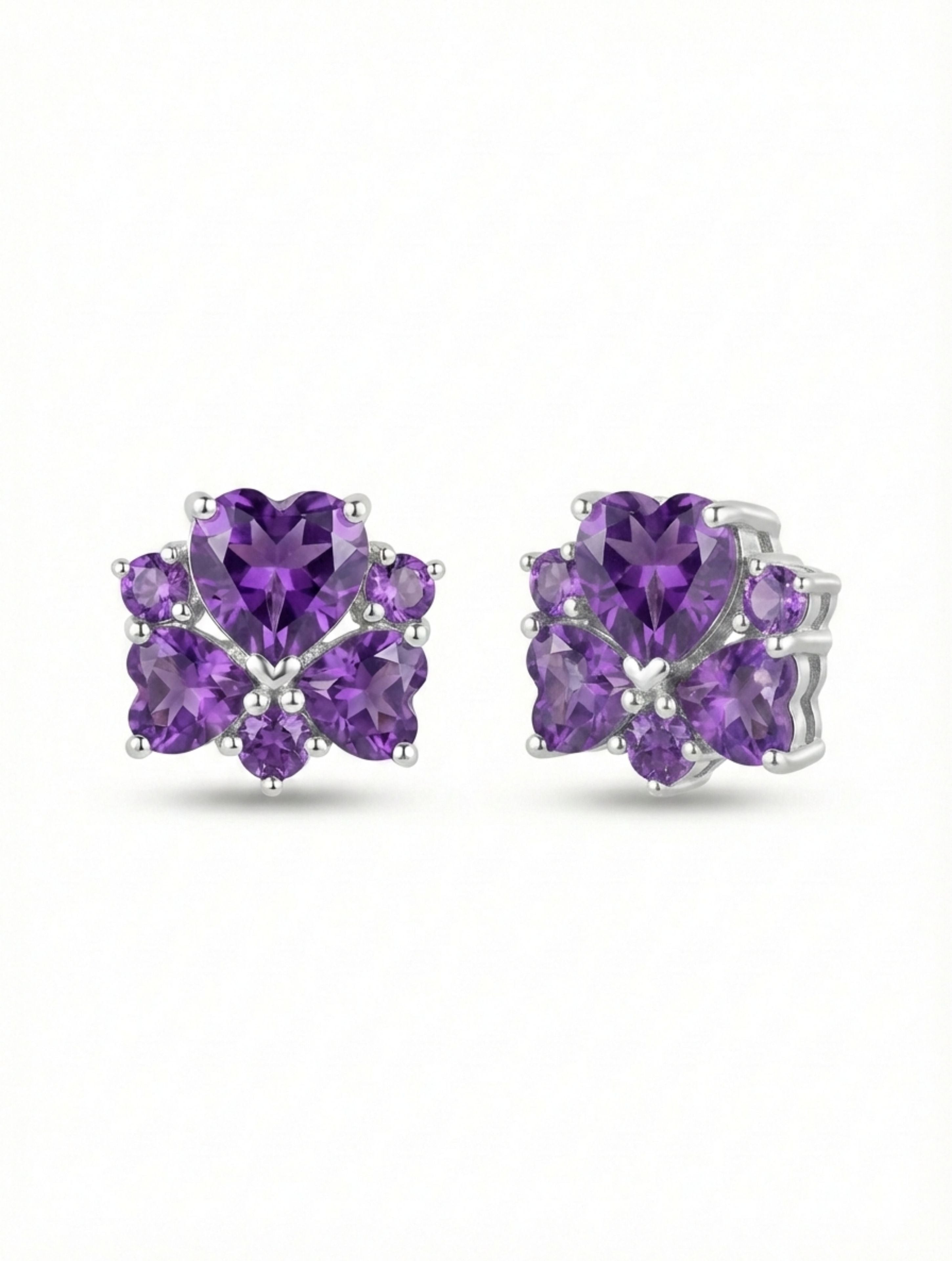 Heart-Shaped Natural Amethyst Floral Stud Earrings in 925 Sterling Silver