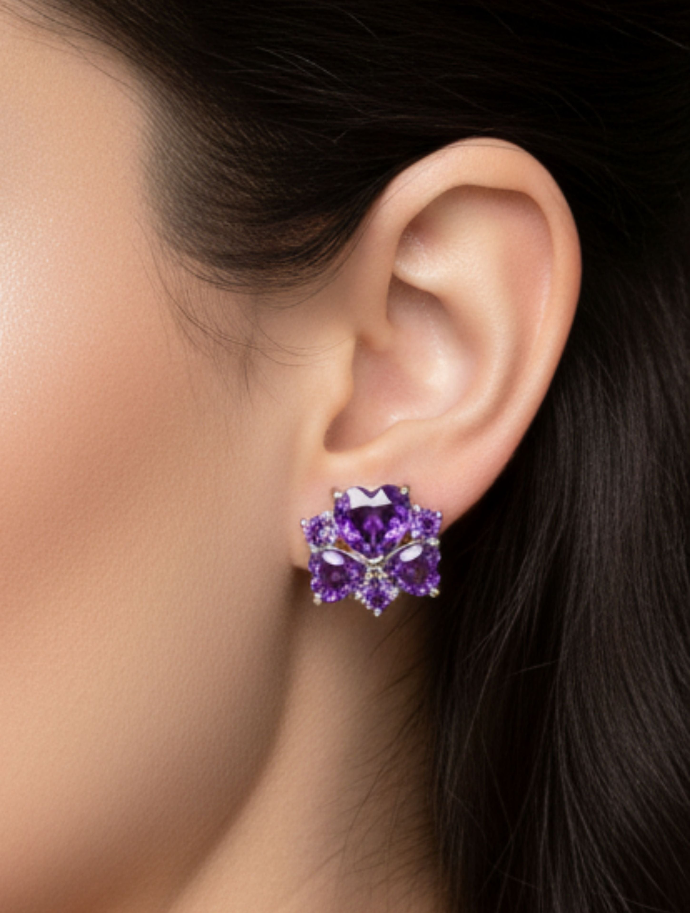 Heart-Shaped Natural Amethyst Floral Stud Earrings in 925 Sterling Silver