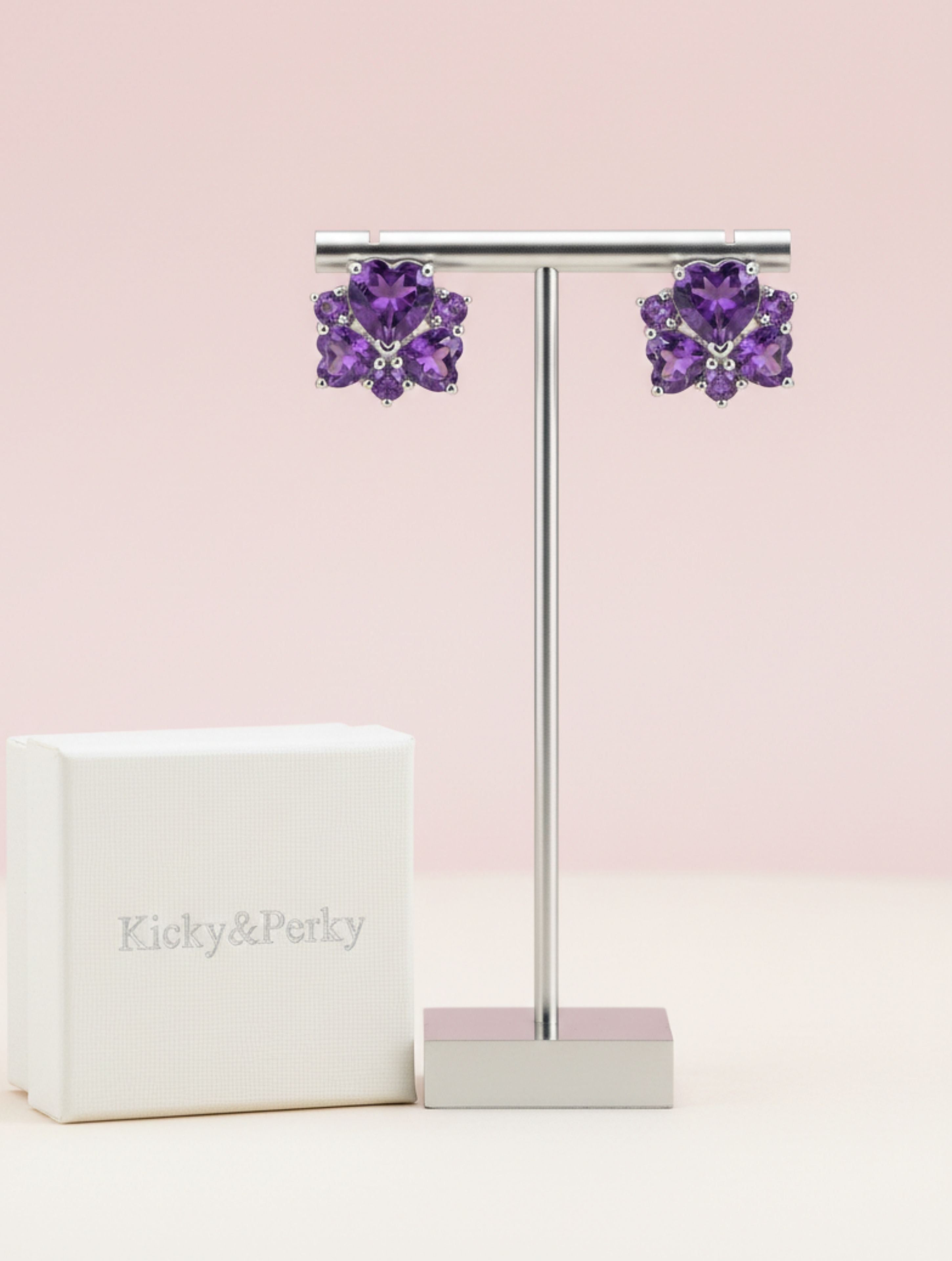 Heart-Shaped Natural Amethyst Floral Stud Earrings in 925 Sterling Silver