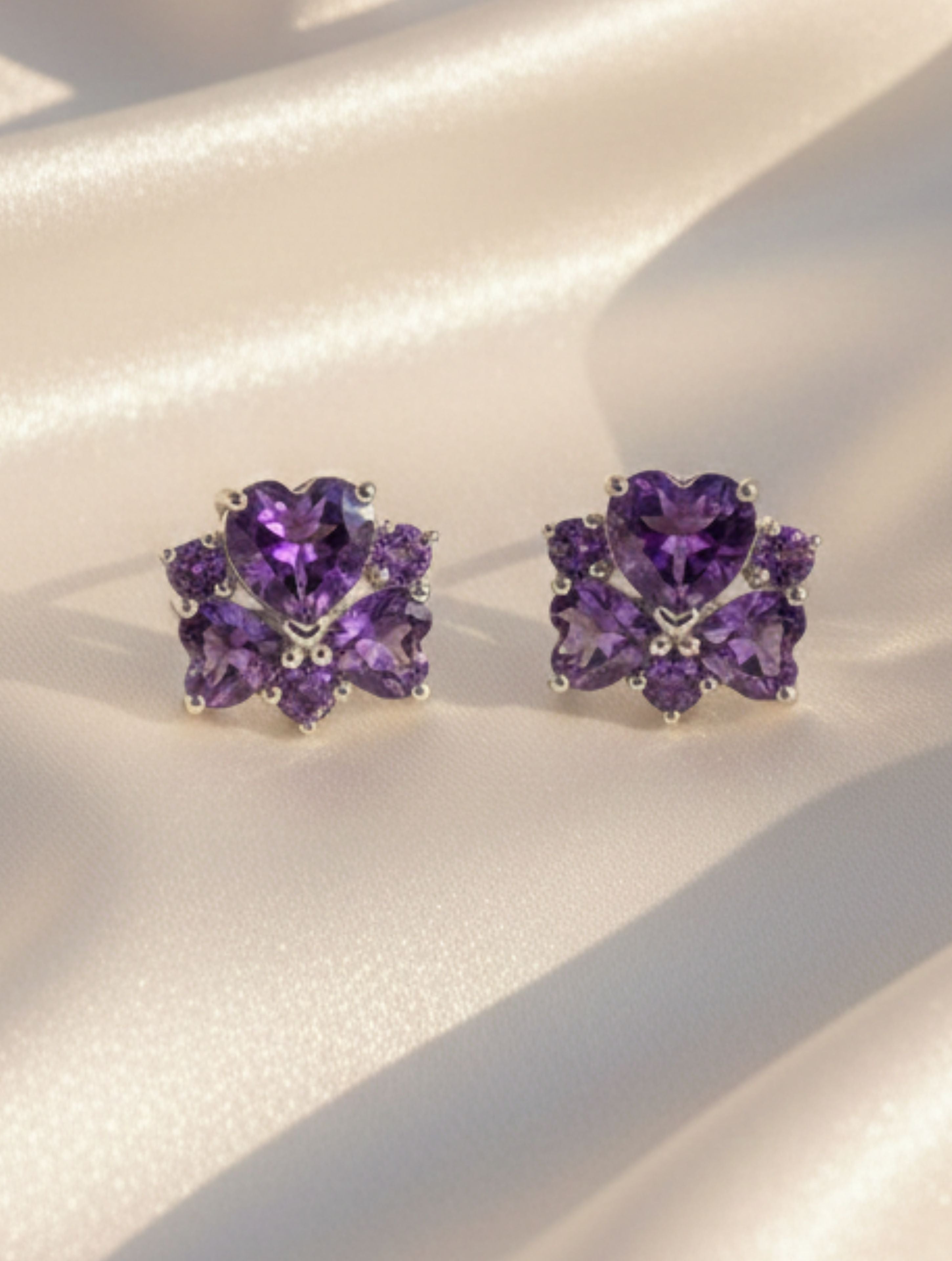 Heart-Shaped Natural Amethyst Floral Stud Earrings in 925 Sterling Silver