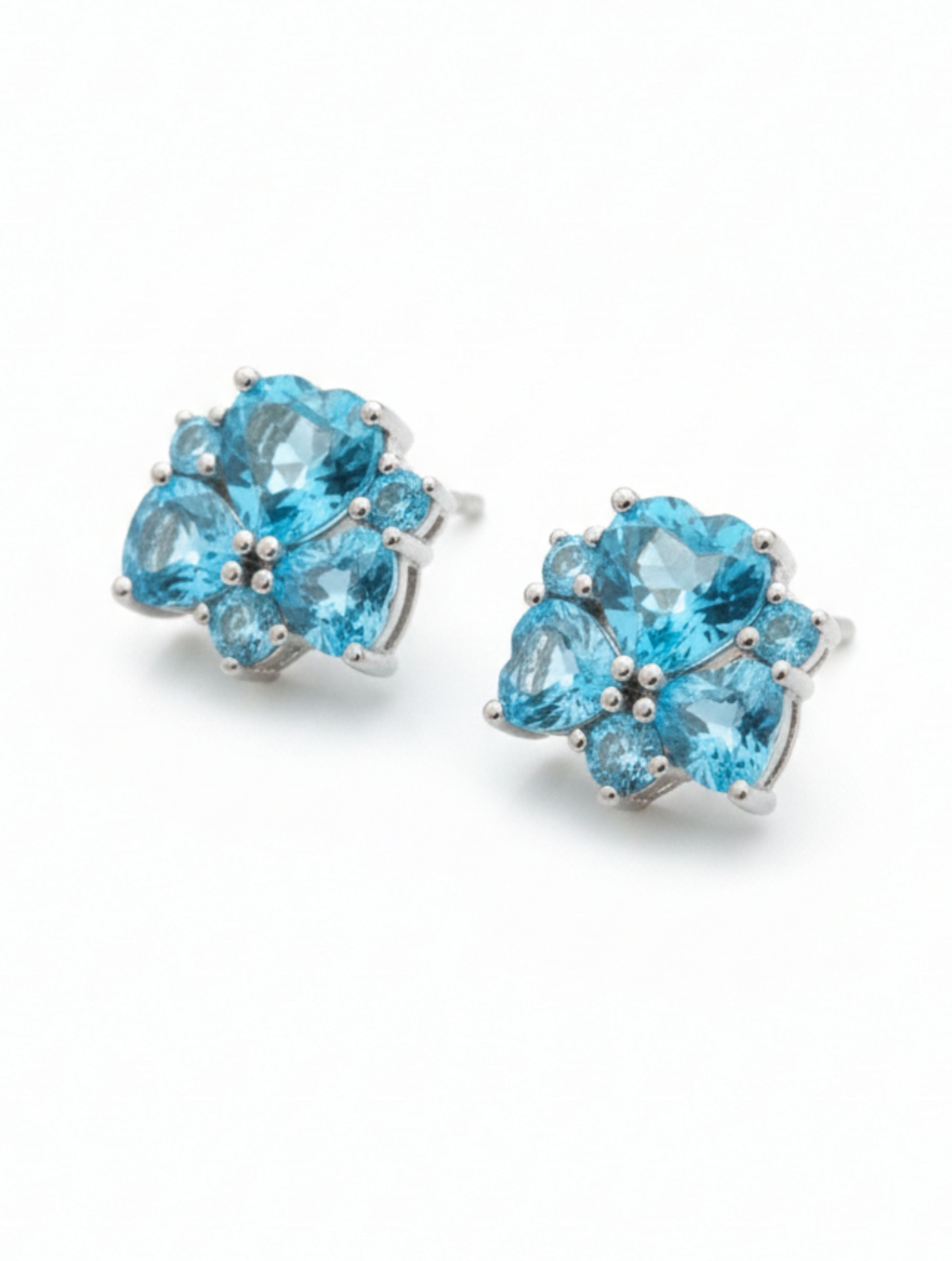 Heart-Shaped Natural Blue Topaz Cluster Studs in 925 Sterling Silver