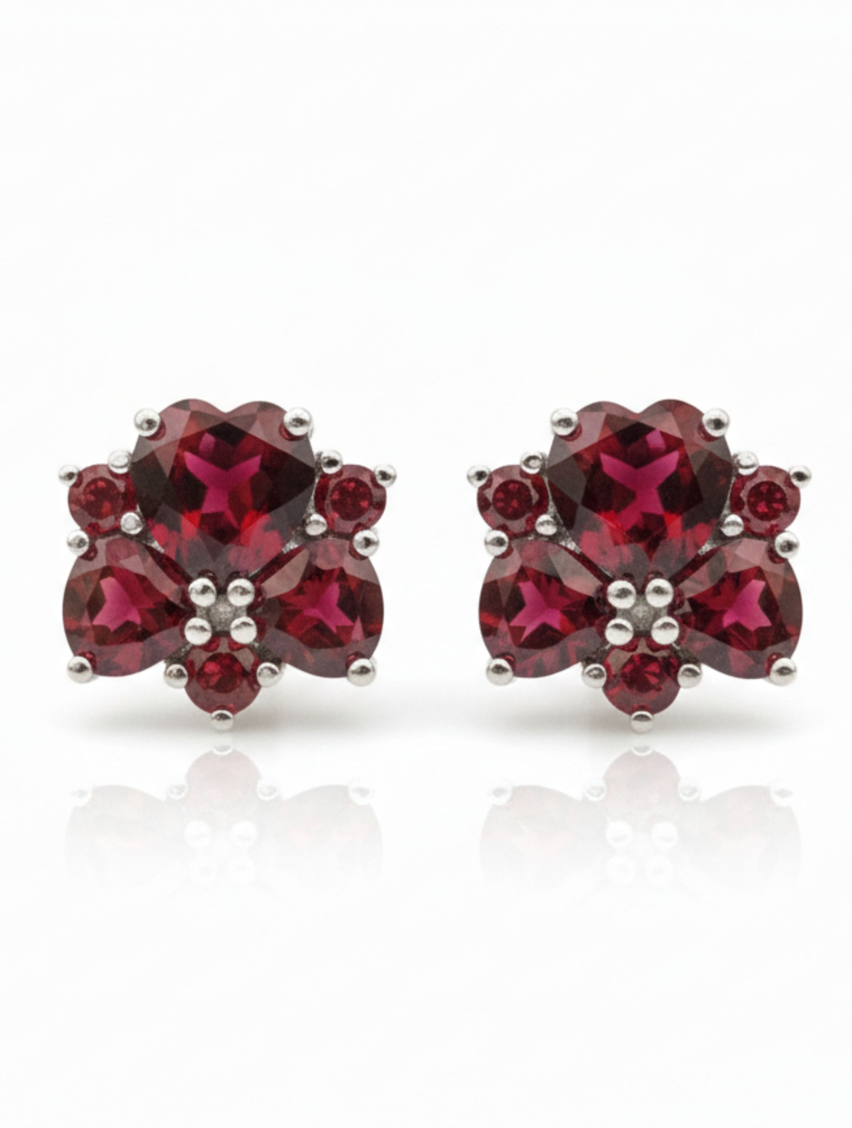 Natural Garnet Floral Cluster Stud Earrings in 925 Sterling Silver
