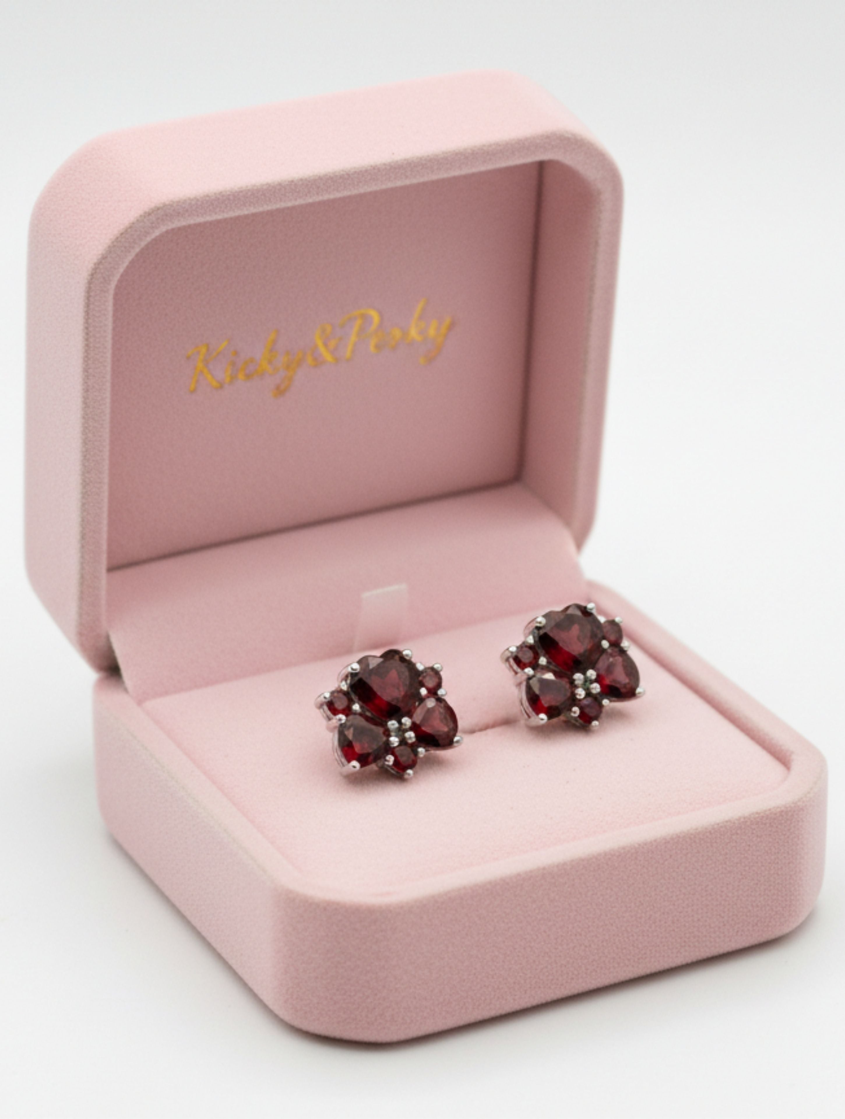 Natural Garnet Floral Cluster Stud Earrings in 925 Sterling Silver