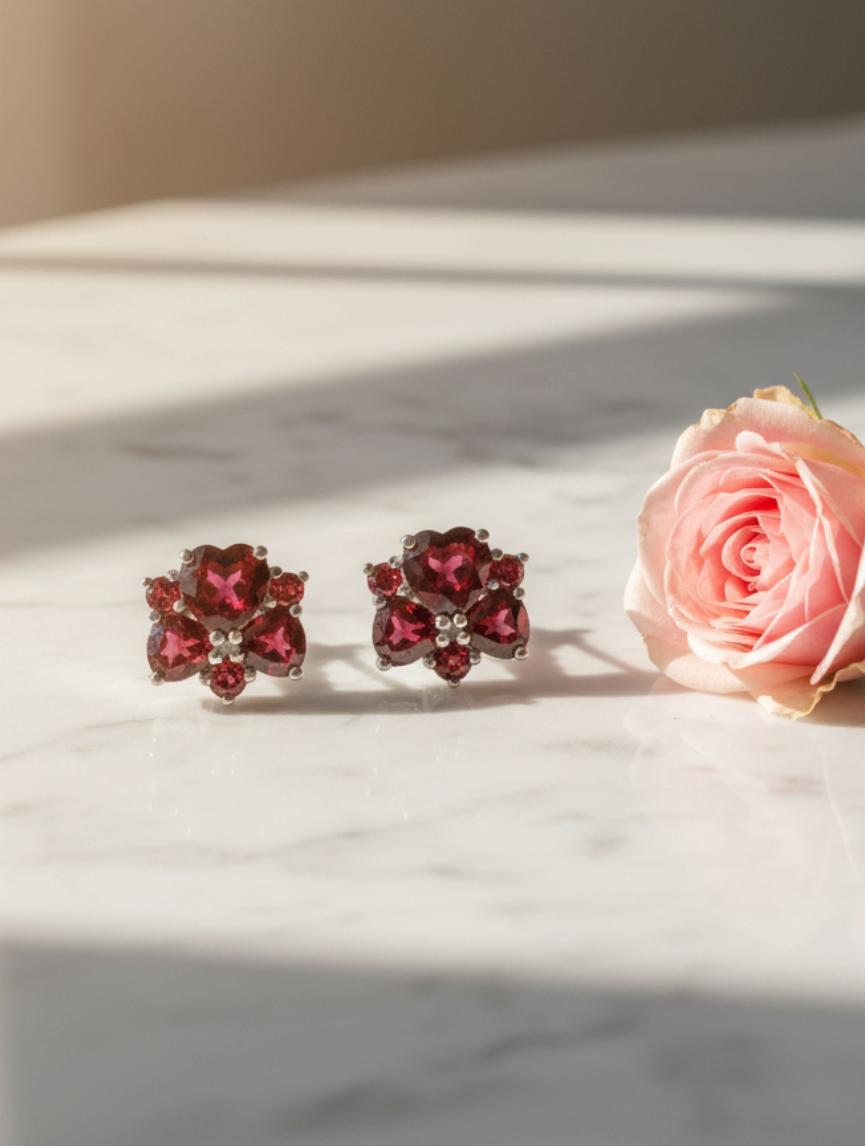 Natural Garnet Floral Cluster Stud Earrings in 925 Sterling Silver