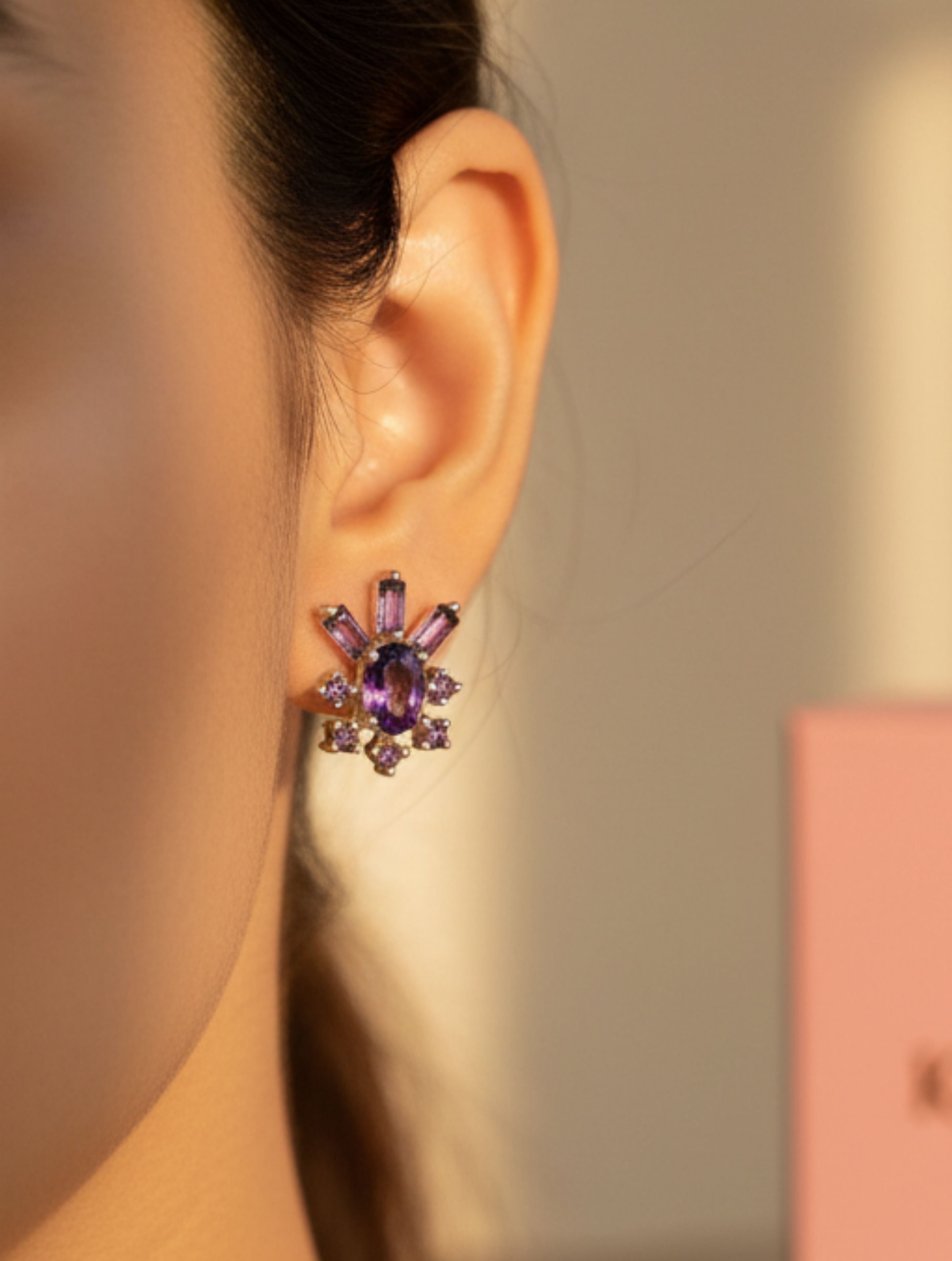 Natural Amethyst Sunburst Studs in 925 Sterling Silver