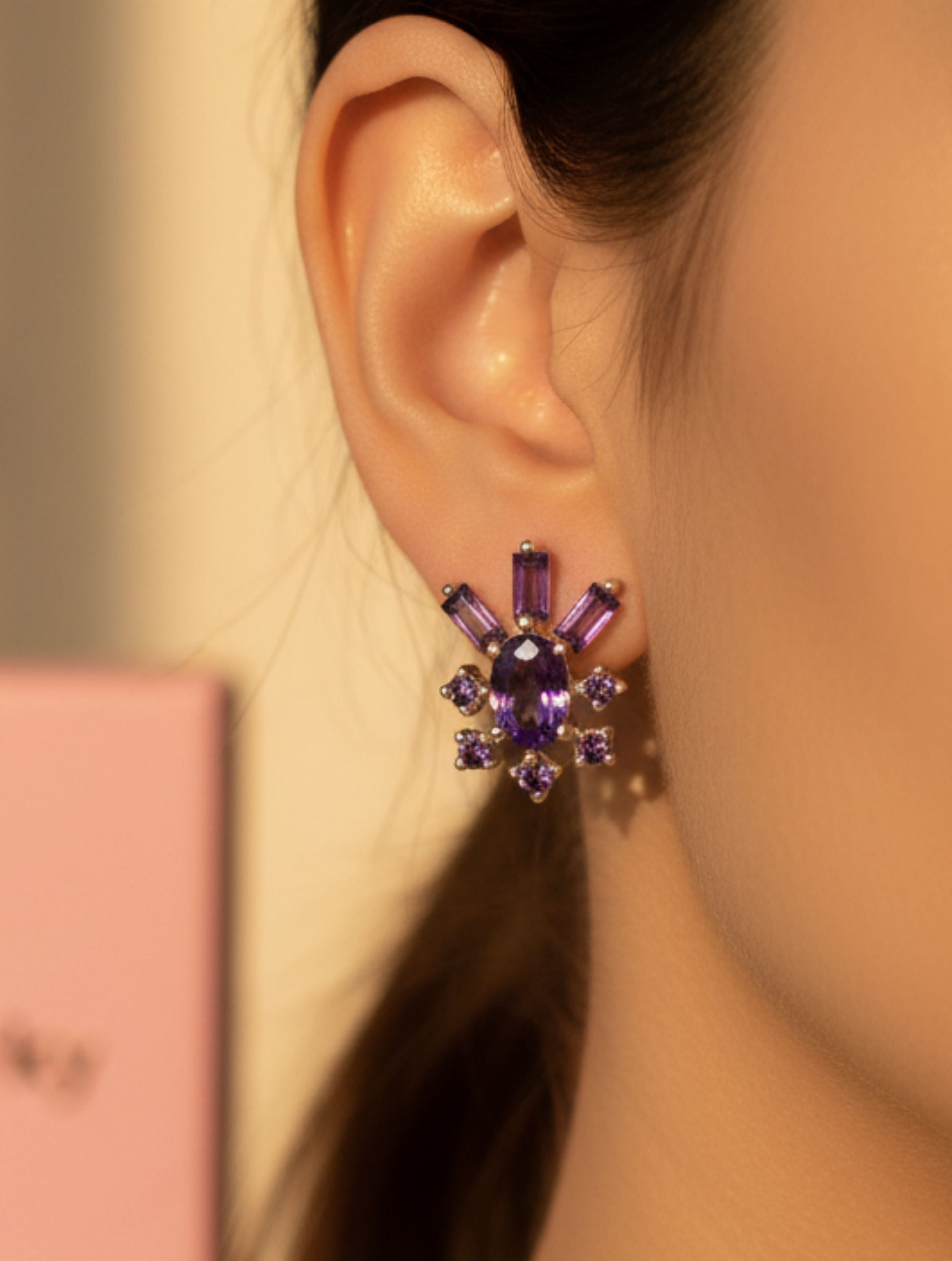 Natural Amethyst Sunburst Studs in 925 Sterling Silver