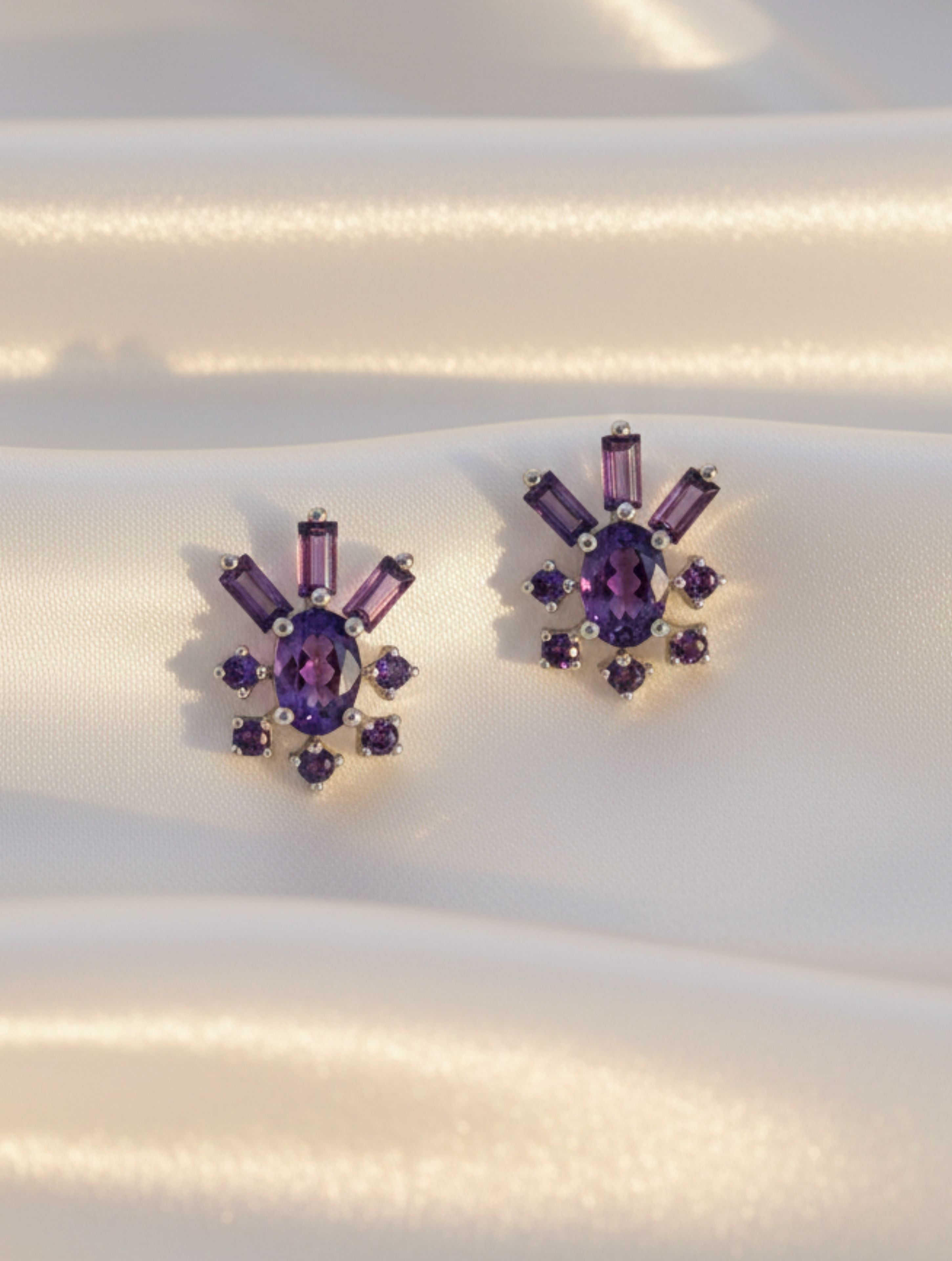 Natural Amethyst Sunburst Studs in 925 Sterling Silver
