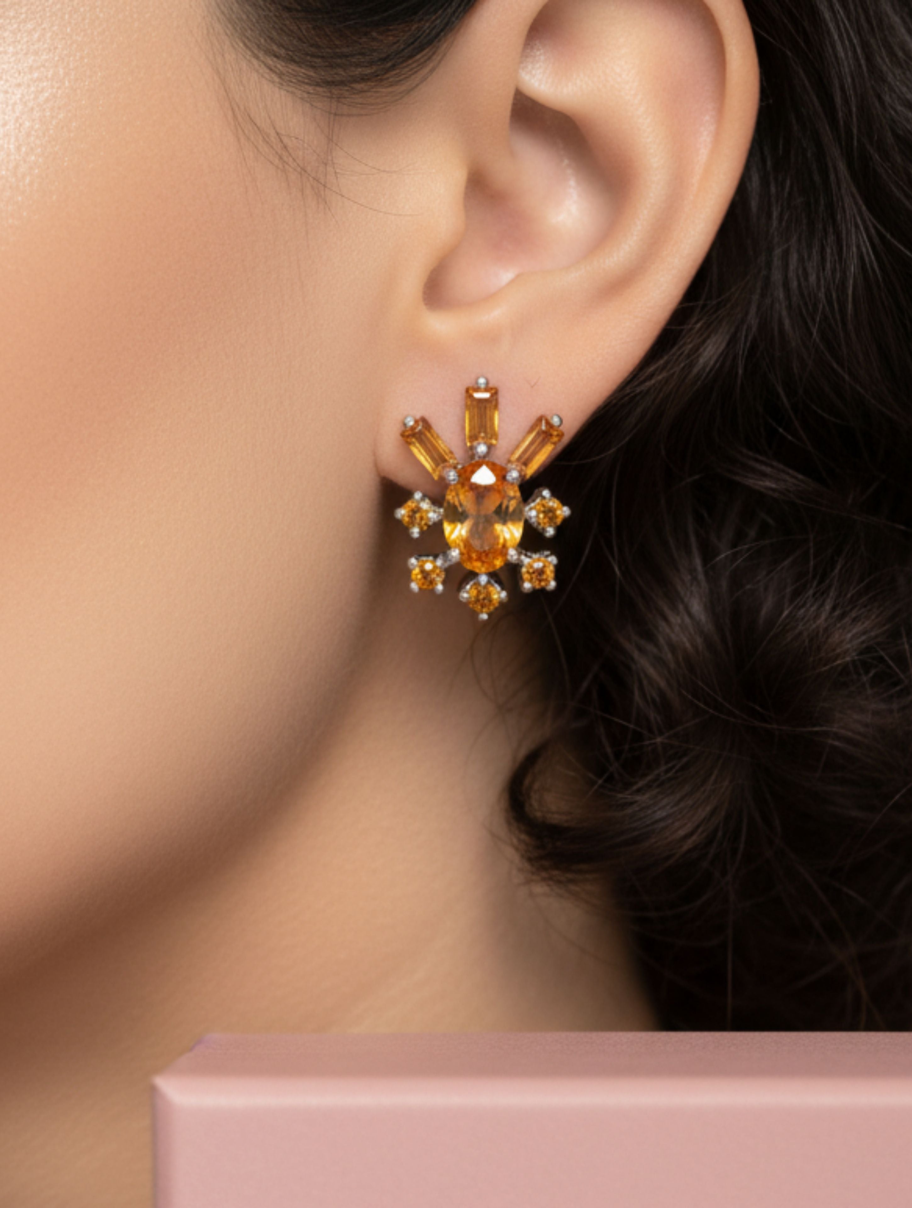 Radiant Sunburst Natural Citrine Stud Earrings in 925 Sterling Silver