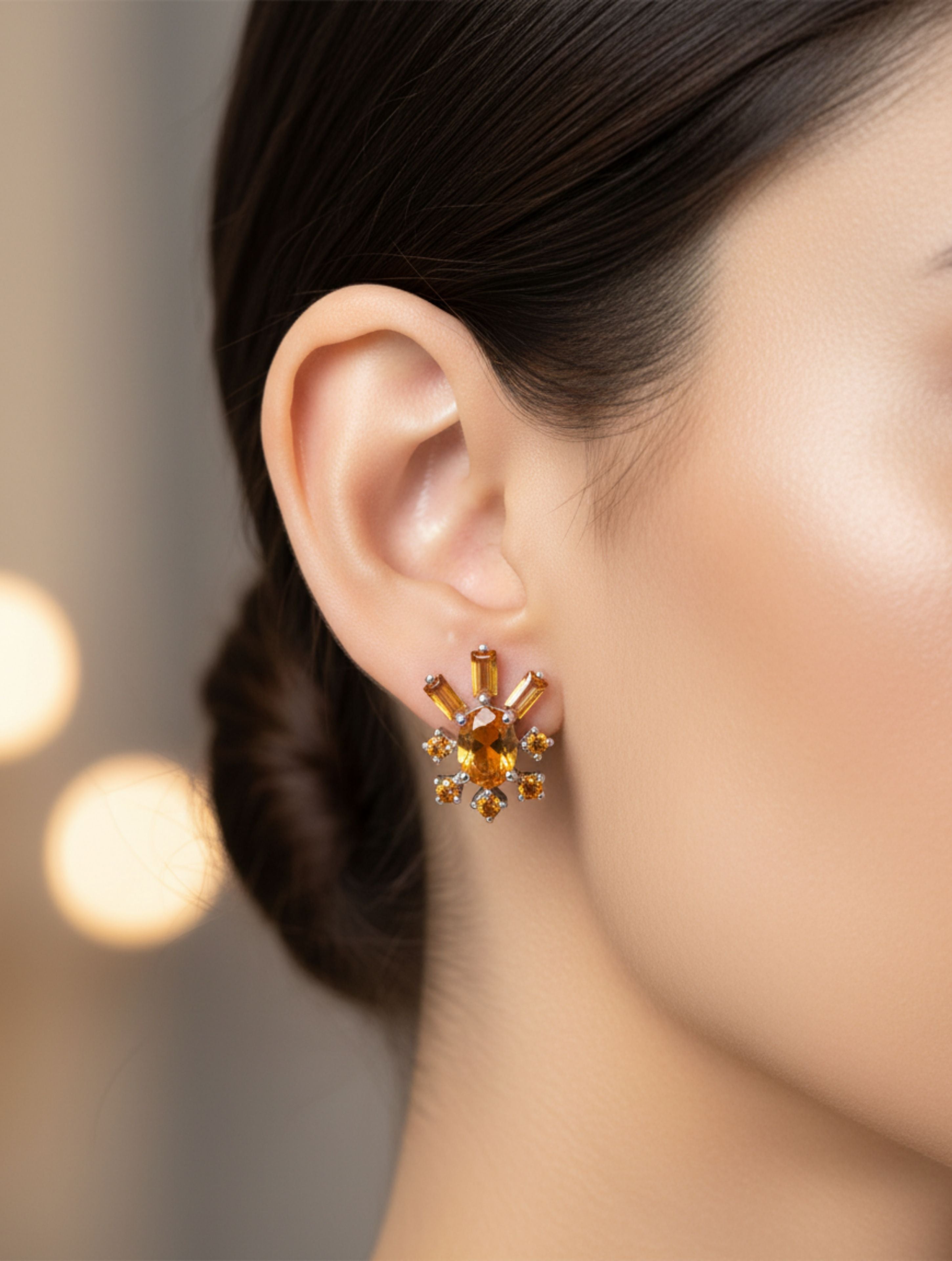 Radiant Sunburst Natural Citrine Stud Earrings in 925 Sterling Silver
