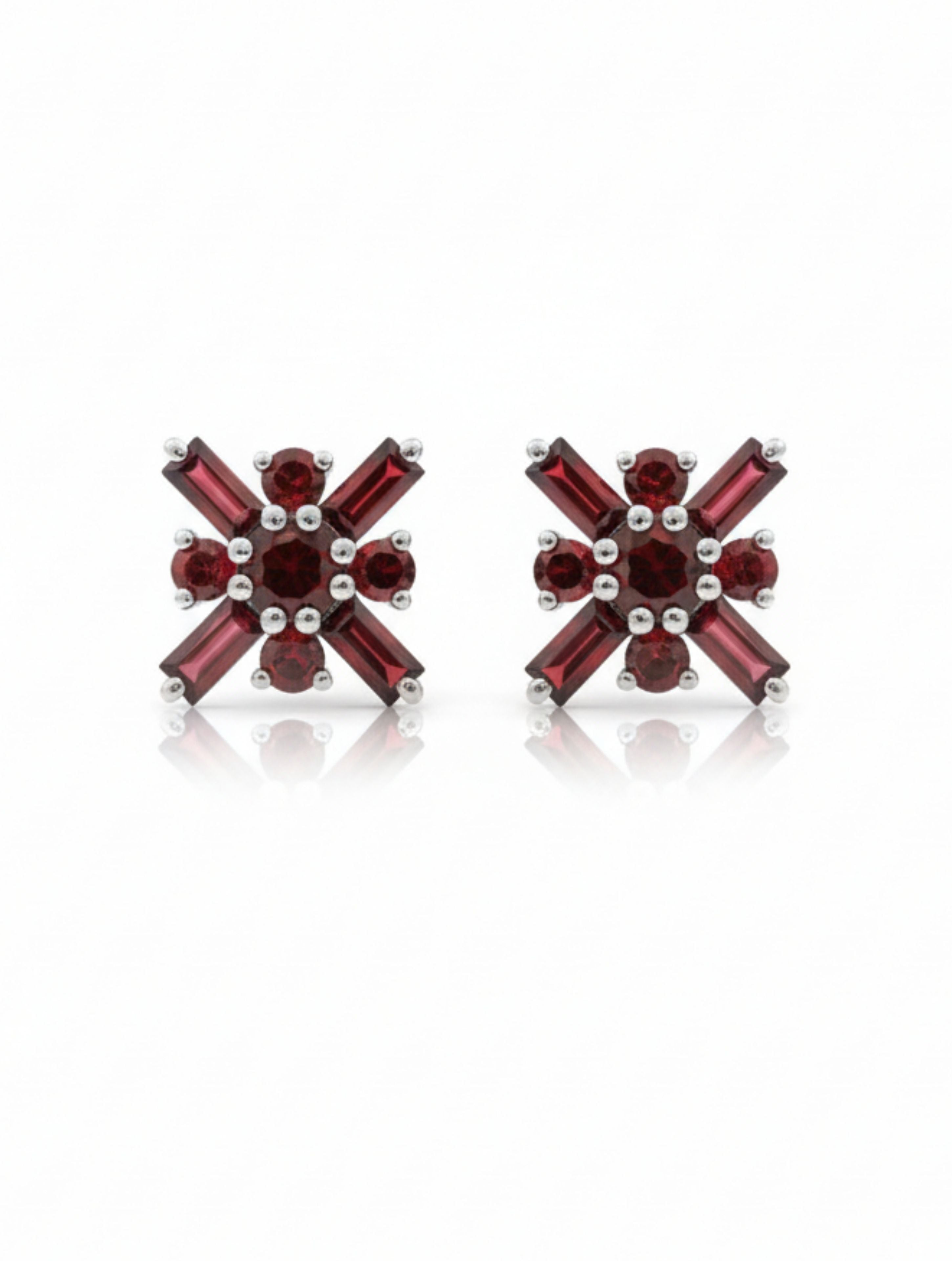 Red Garnet Geometric Stud Earrings in 925 Sterling Silver