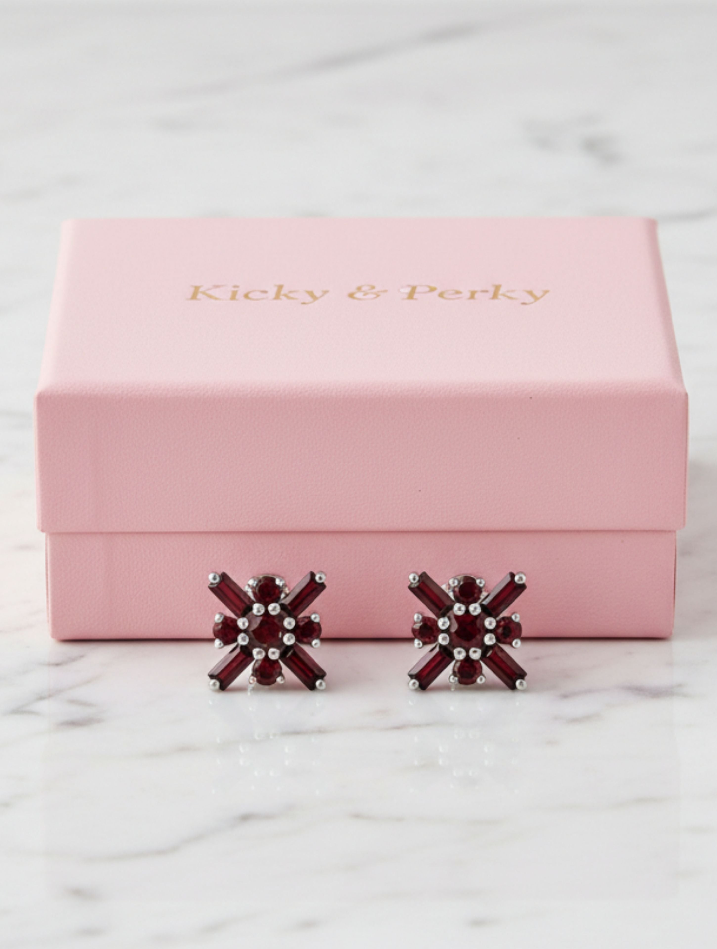 Red Garnet Geometric Stud Earrings in 925 Sterling Silver