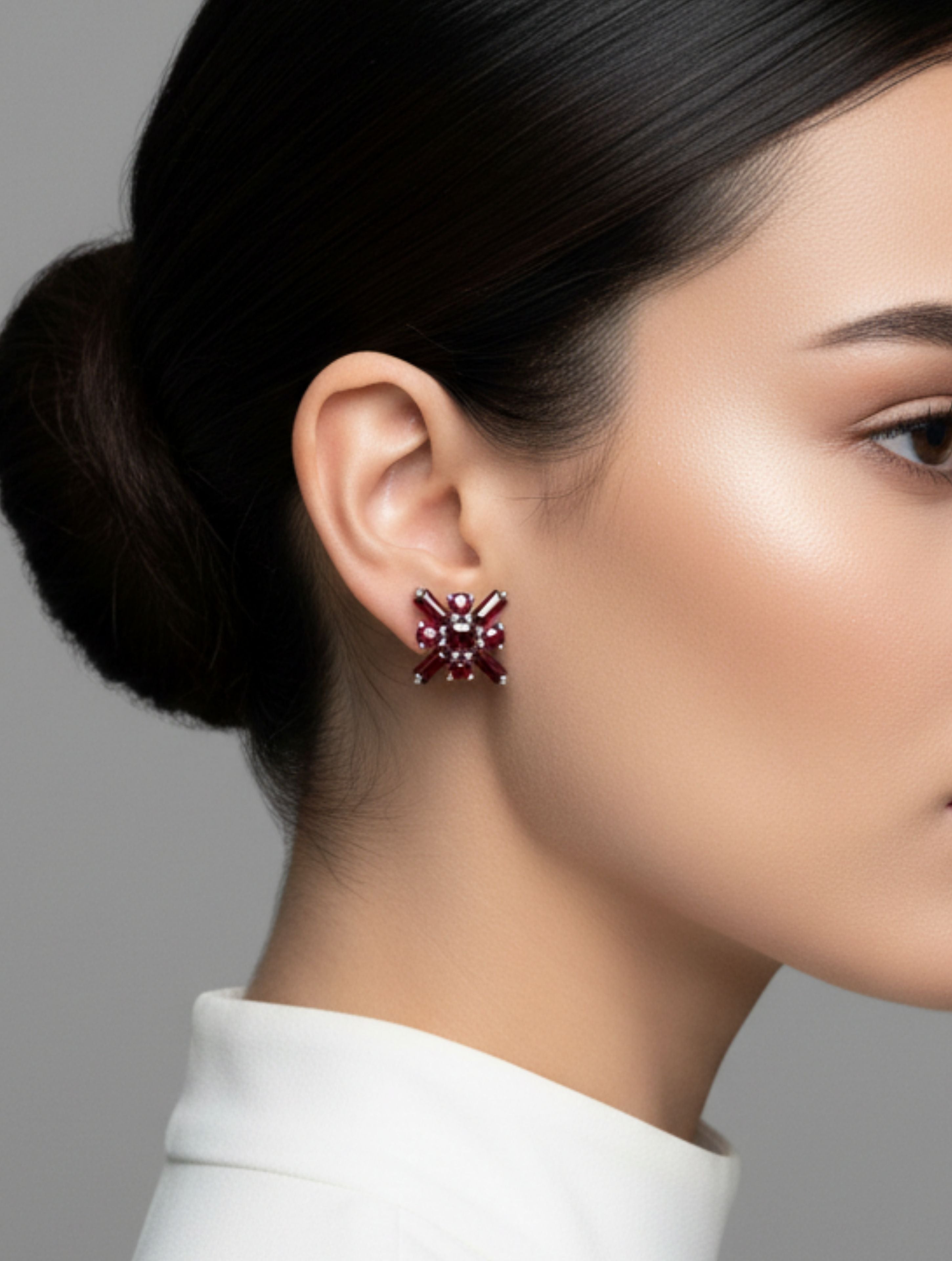 Red Garnet Geometric Stud Earrings in 925 Sterling Silver