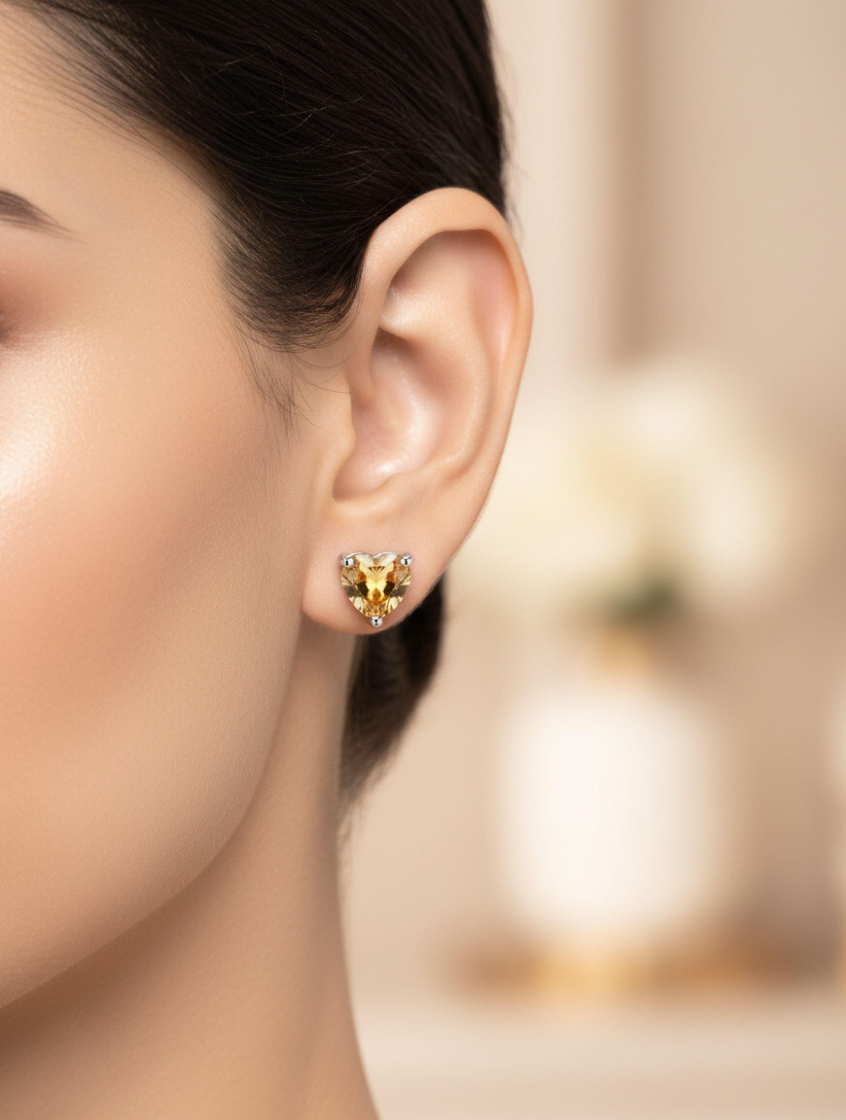 Heart-Cut Natural Citrine Stud Earrings in 925 Sterling Silver