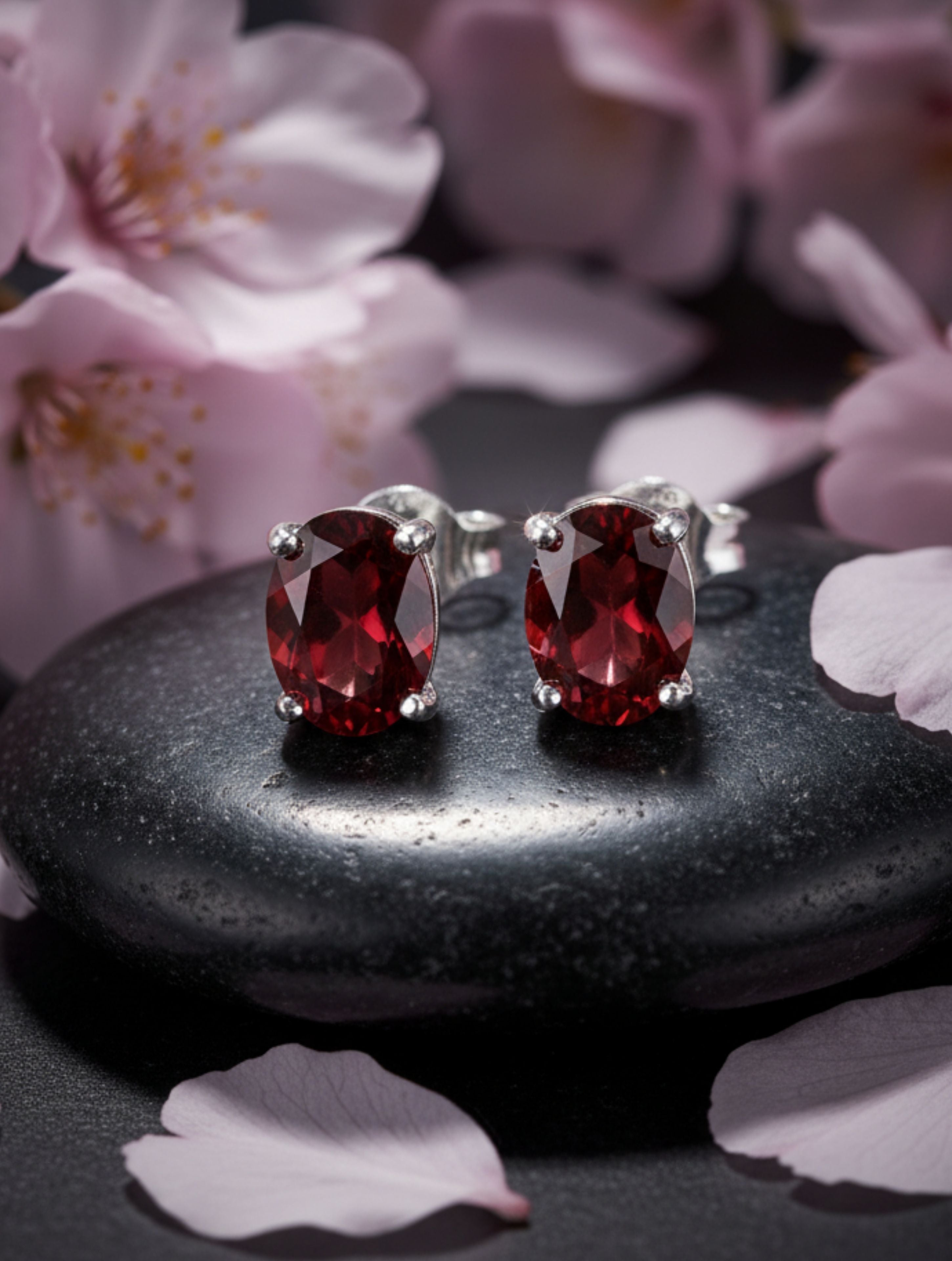Natural Garnet Oval Stud Earrings in 925 Sterling Silver