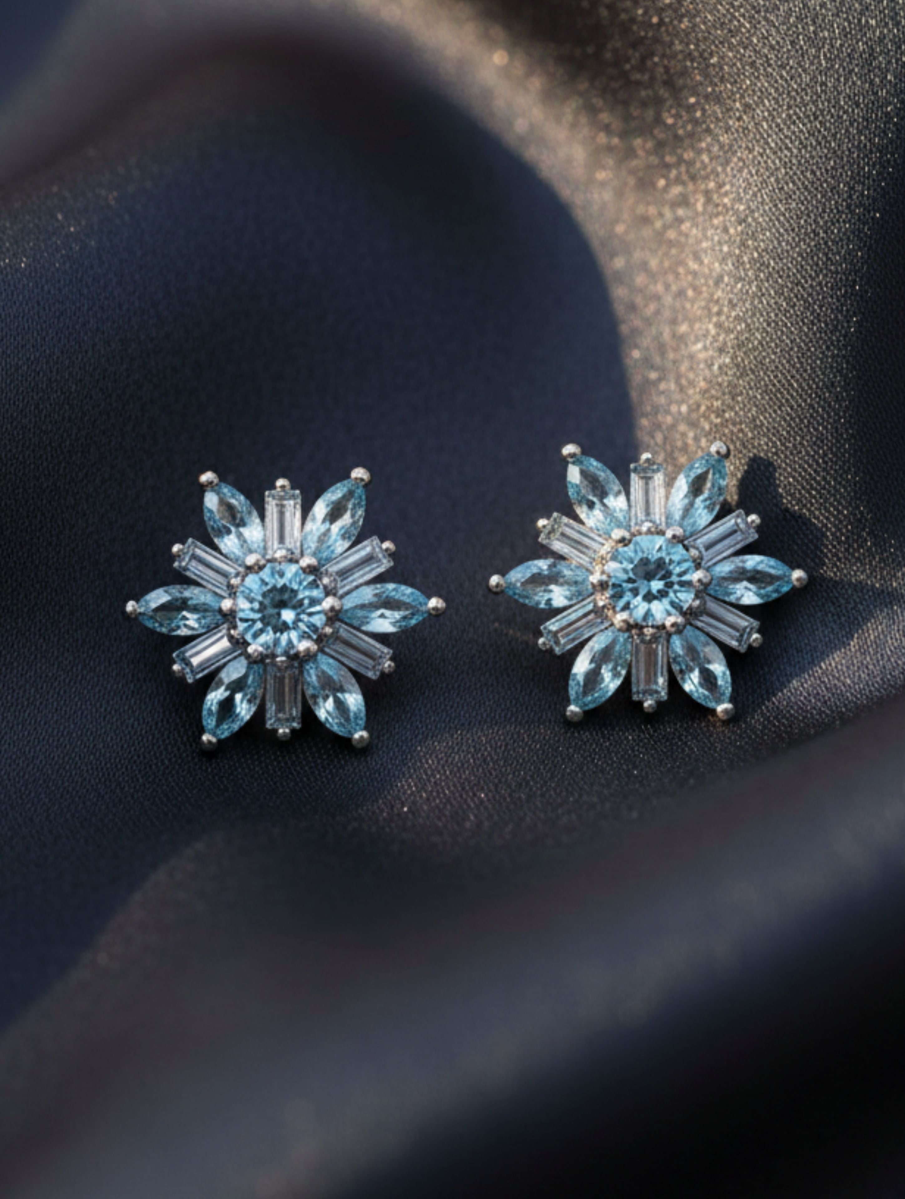 Natural Blue Topaz Snowflake Stud Earrings in 925 Sterling Silver