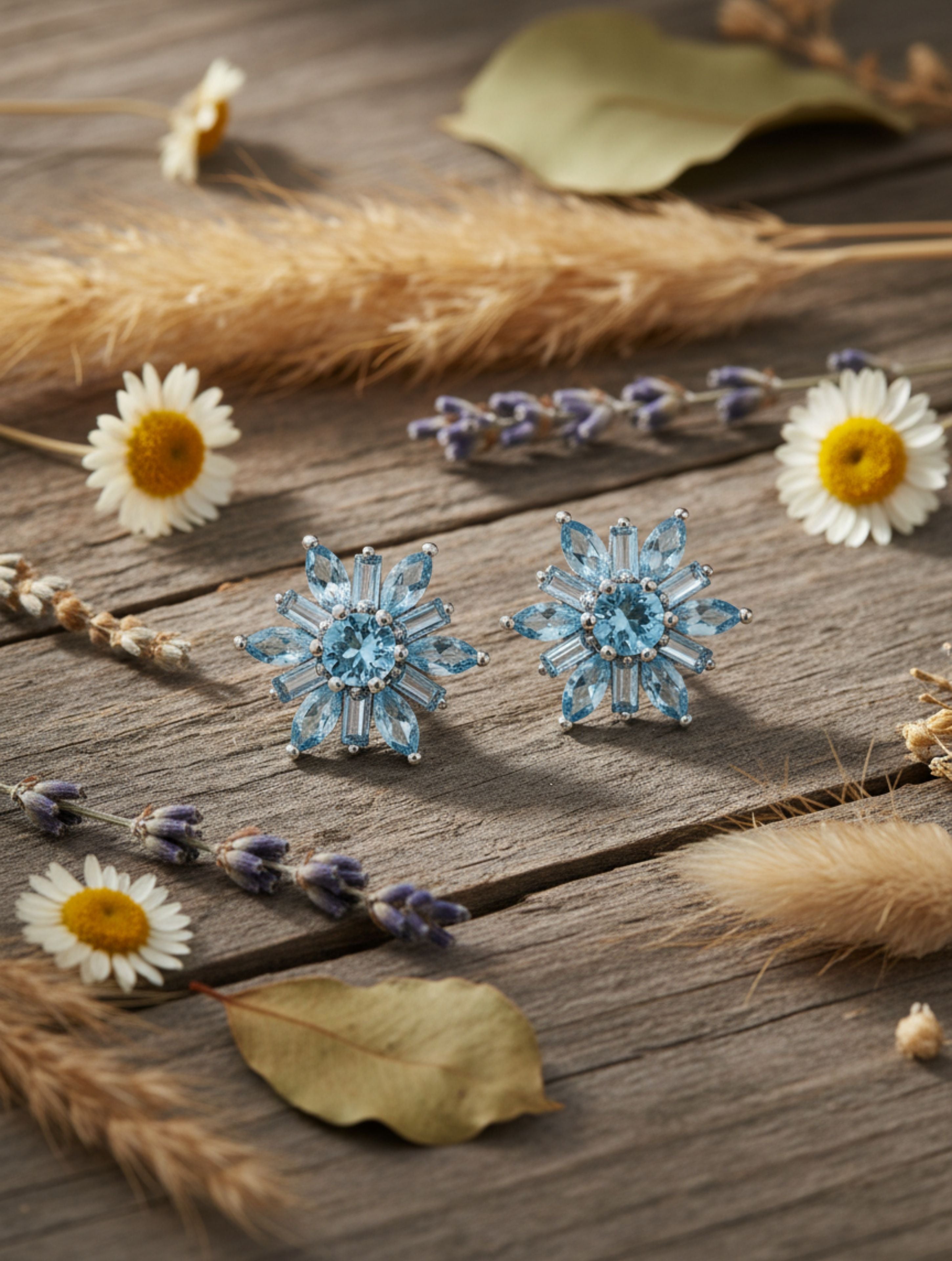 Natural Blue Topaz Snowflake Stud Earrings in 925 Sterling Silver