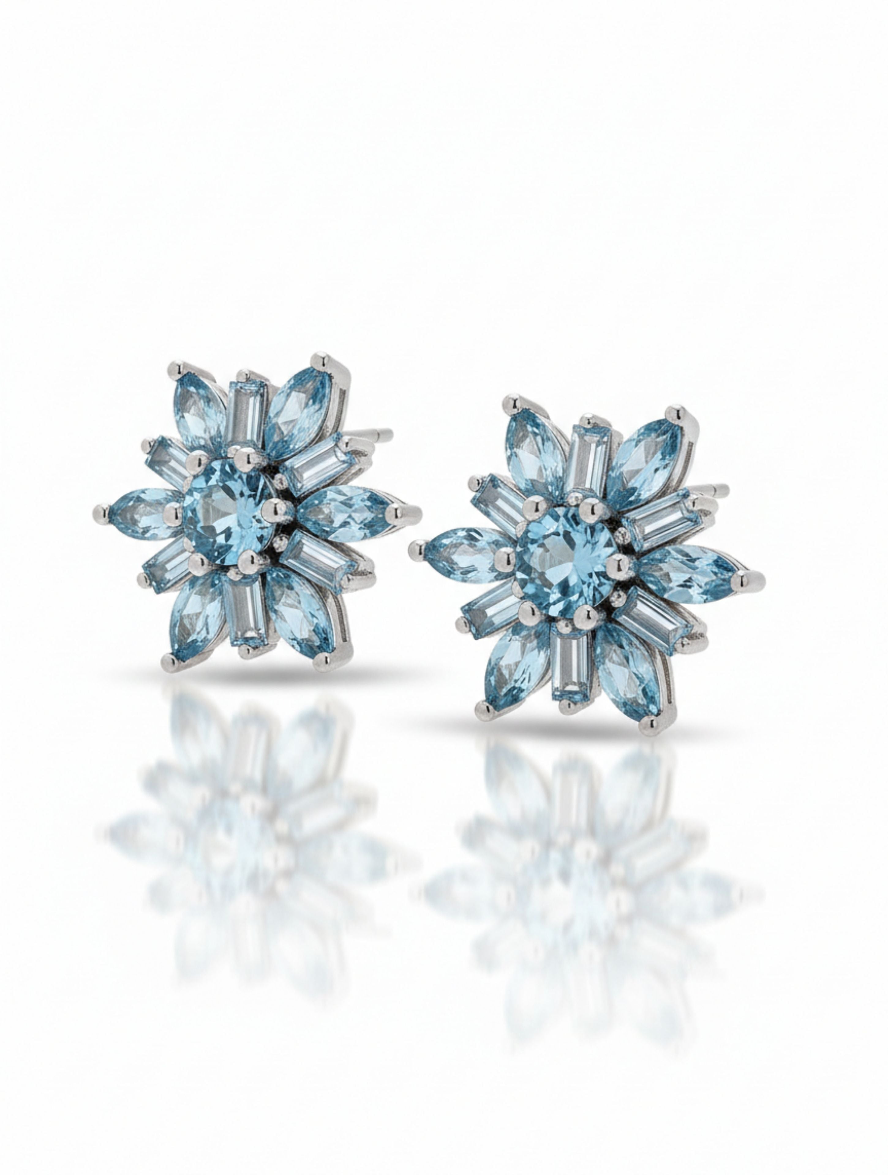 Natural Blue Topaz Snowflake Stud Earrings in 925 Sterling Silver
