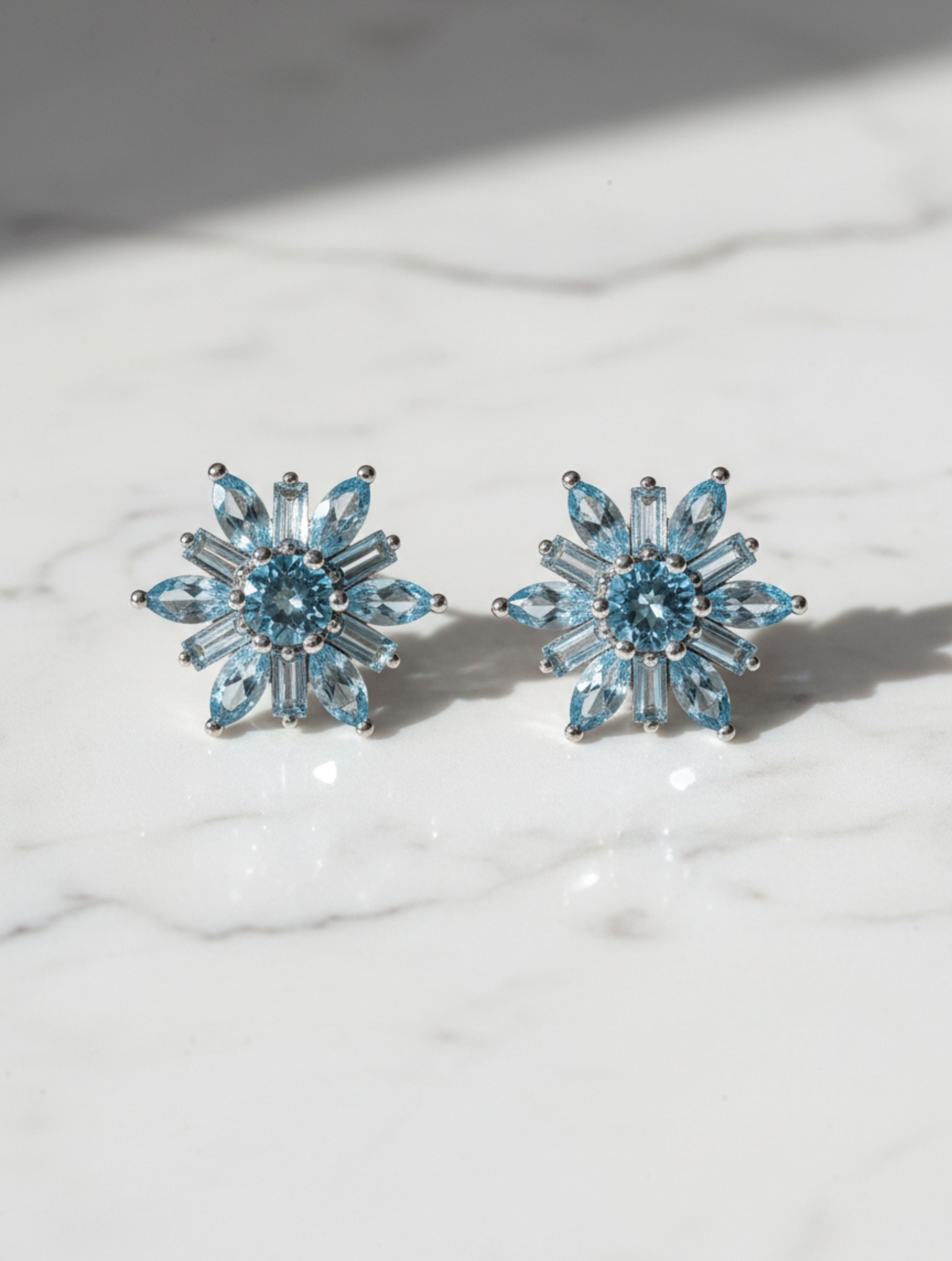 Natural Blue Topaz Snowflake Stud Earrings in 925 Sterling Silver