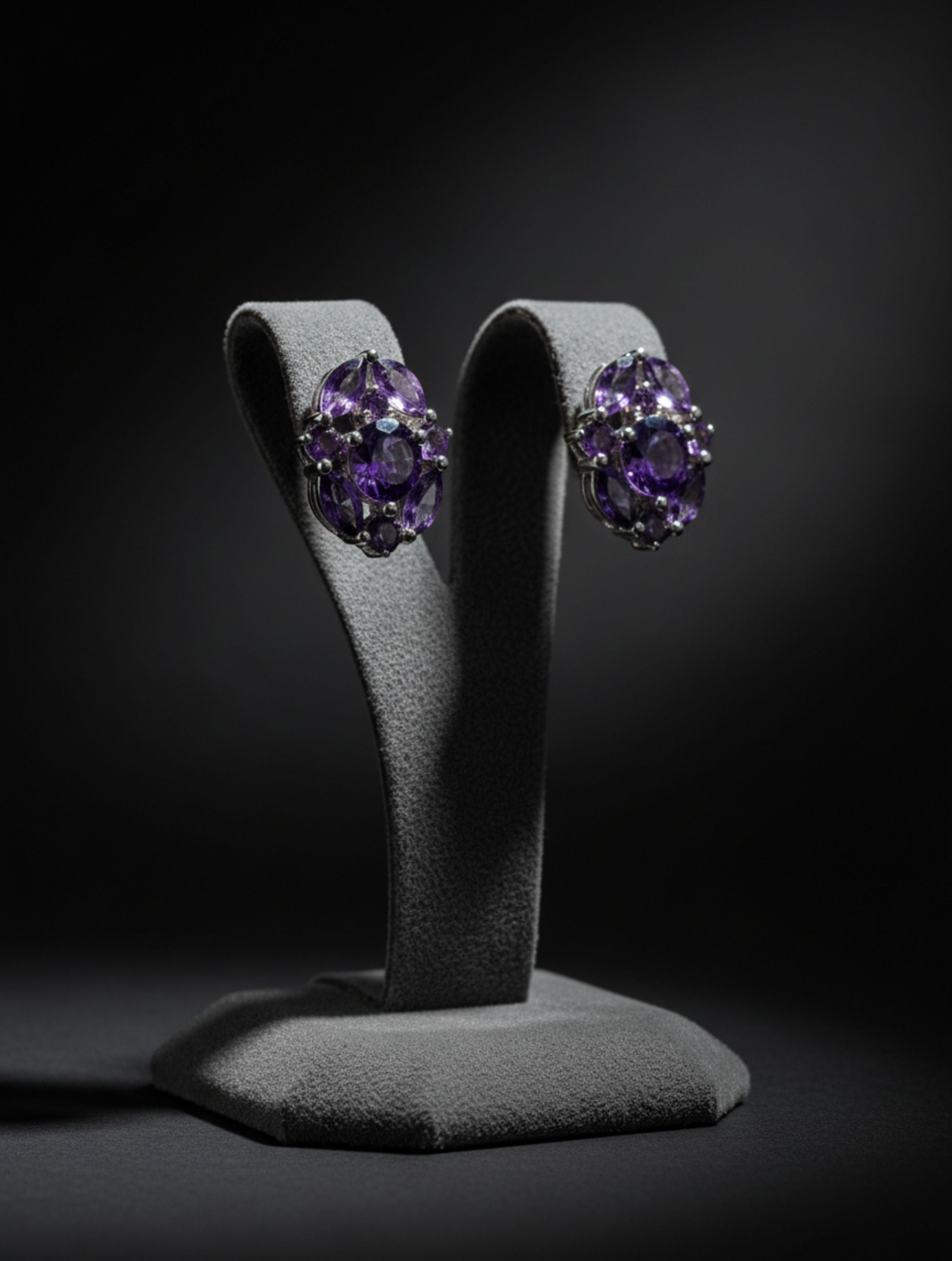Oval Amethyst Cluster Stud Earrings in 925 Sterling Silver