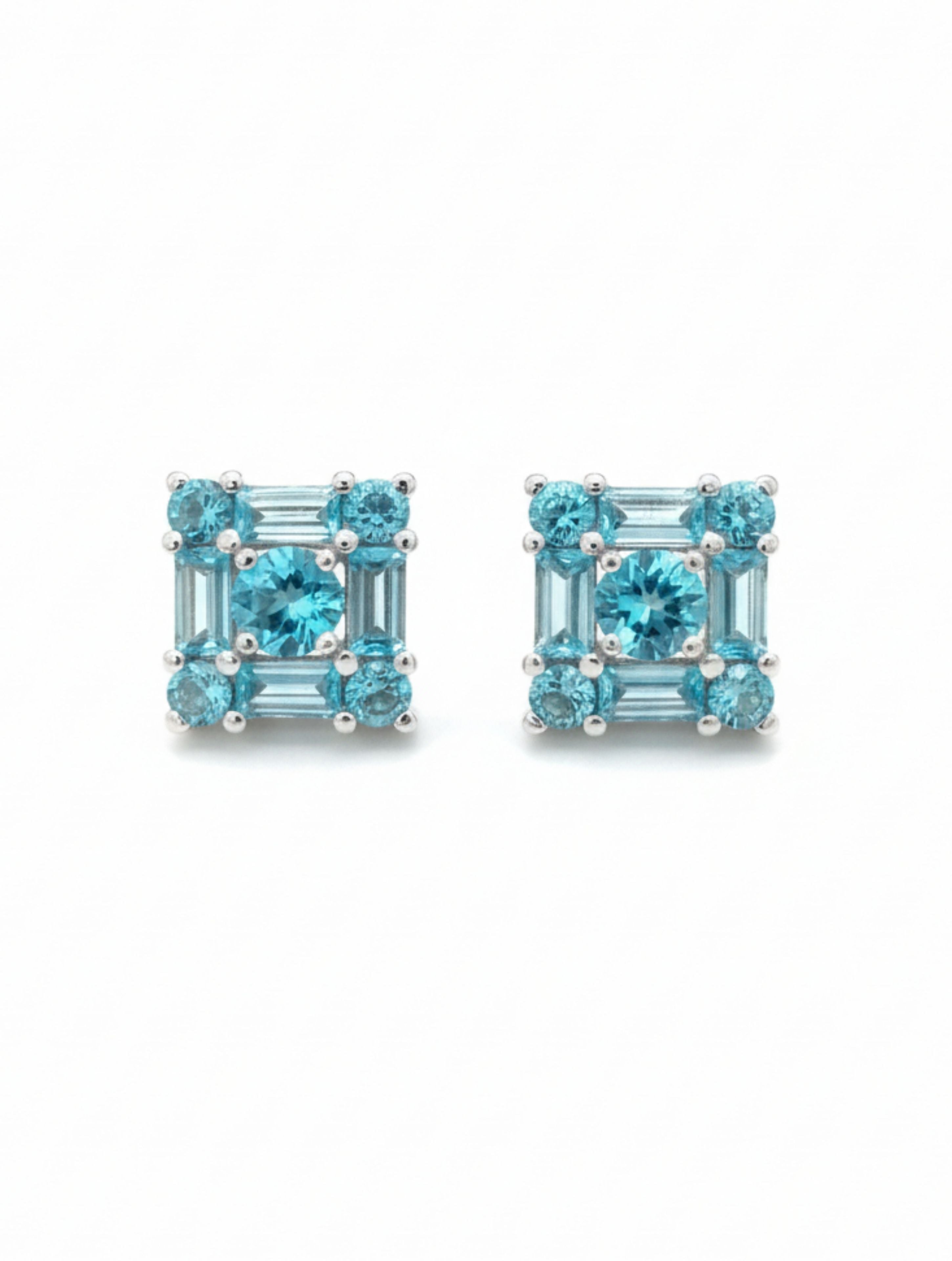 Rhodium Blue Topaz Precision Pietra  925 Sterling Silver Studs Earrings For Women