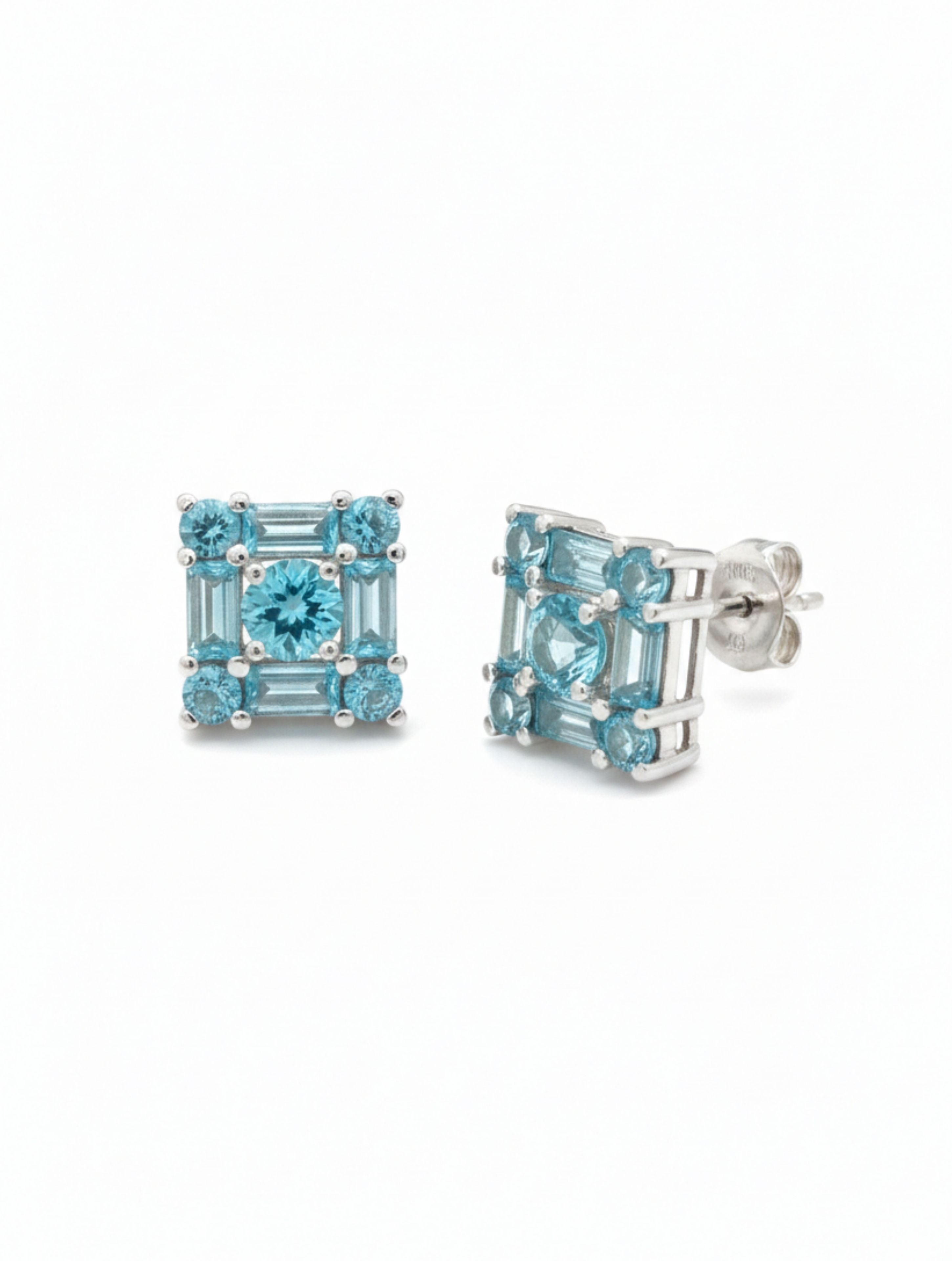 Rhodium Blue Topaz Precision Pietra  925 Sterling Silver Studs Earrings For Women